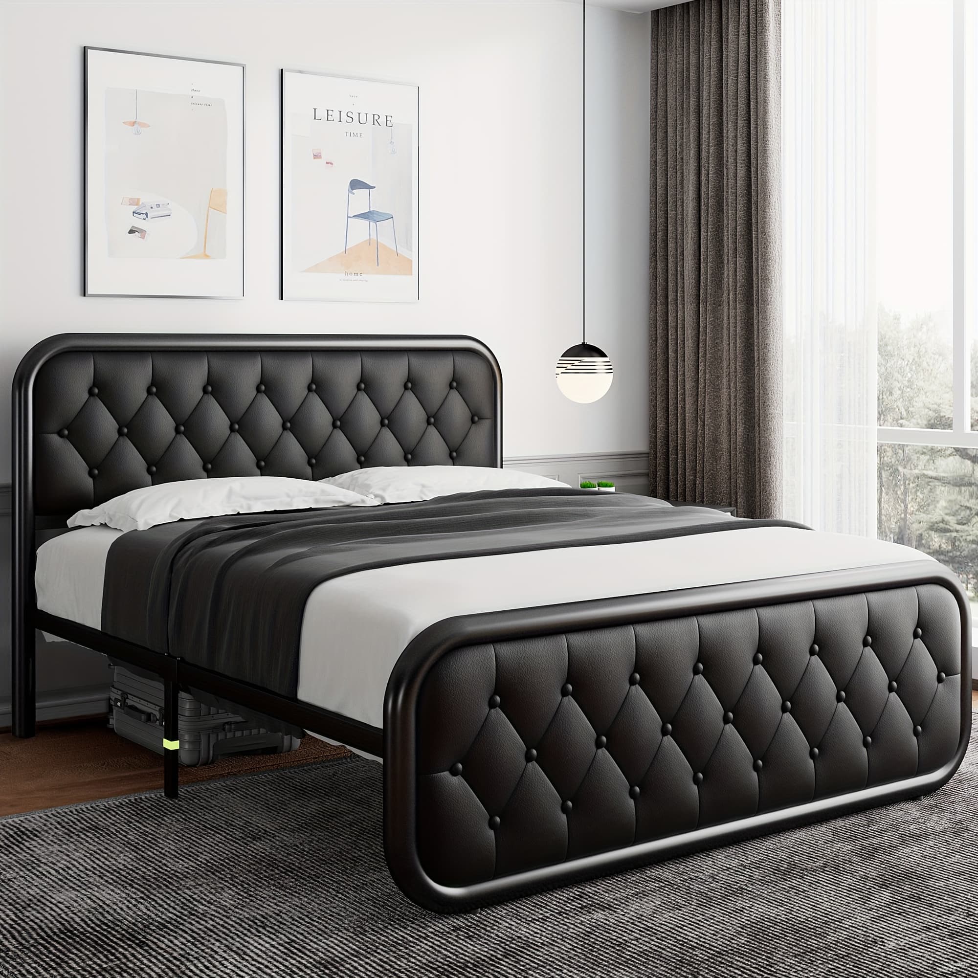 TEMU Metal Bed Frame, Platform Bed Frame With Faux Leather Headboard, Heavy-duty Thicker Metal Steel Slats Support, 12'' Under-bed Space, Easy Assembly