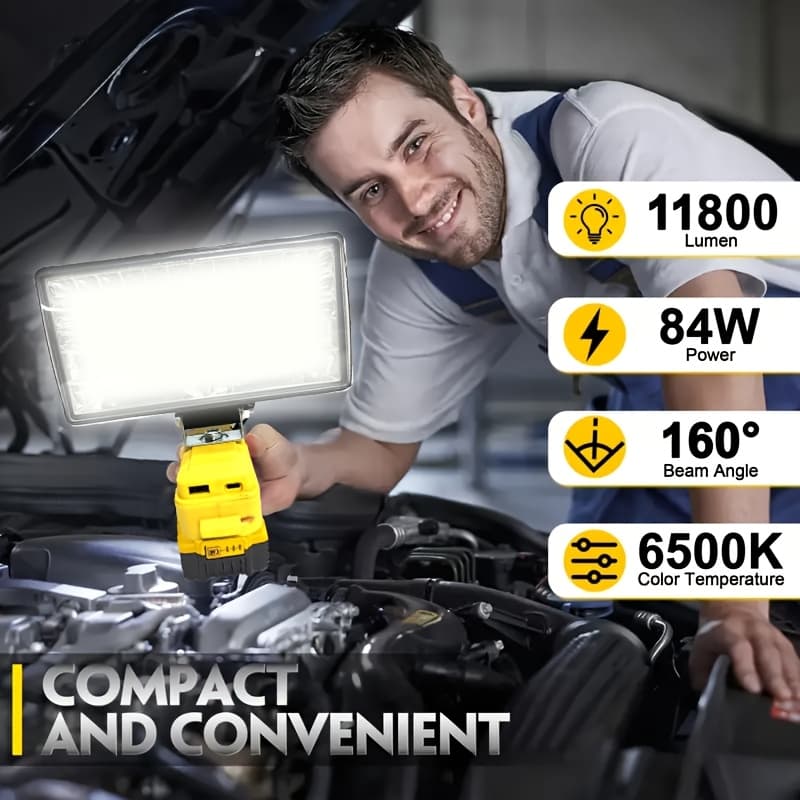 TEMU Led Work Light For 20v , Portable Led Lamp With Usb & Type-c Charging Ports, 84w 11800lm/ 18w 5400lm Led Floodlight, Suitable For Use,, Car Repair, Emergency, And Lighting (battery Not Included)