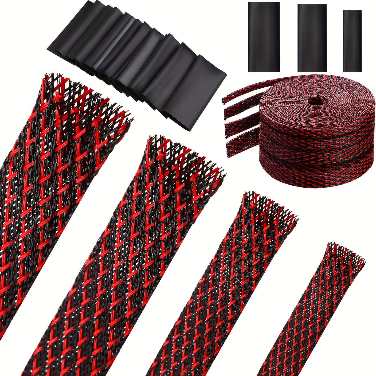 TEMU 65.6 Ft Expandable Braided Cable Sleeve Multi Size Braided Wire Sleeve With 120pcs Heat Shrink Tubing For Television Audio Computer Cables Video Pets, 1/4 In, 2/5 In, 1/2 In, 3/4 In(red, Black)