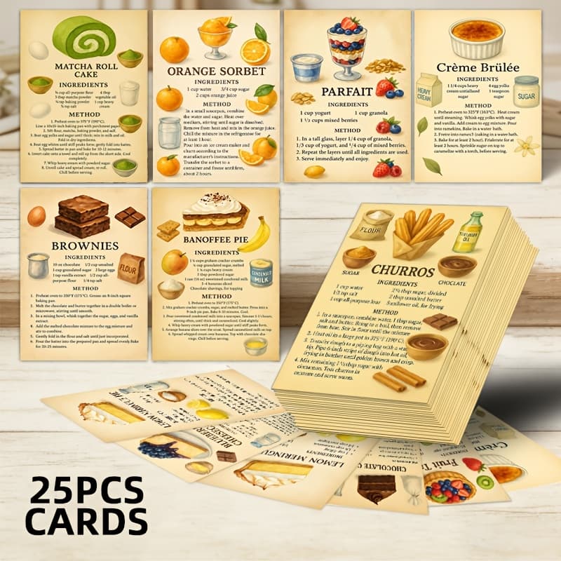 TEMU 25pcs Vintage Recipes Flashcards Kit - Retro Cookbook With Macaron, Croissant & Madeleine Guides, Collectible Kitchen Decor, Scrapbooking Cards For Bakers