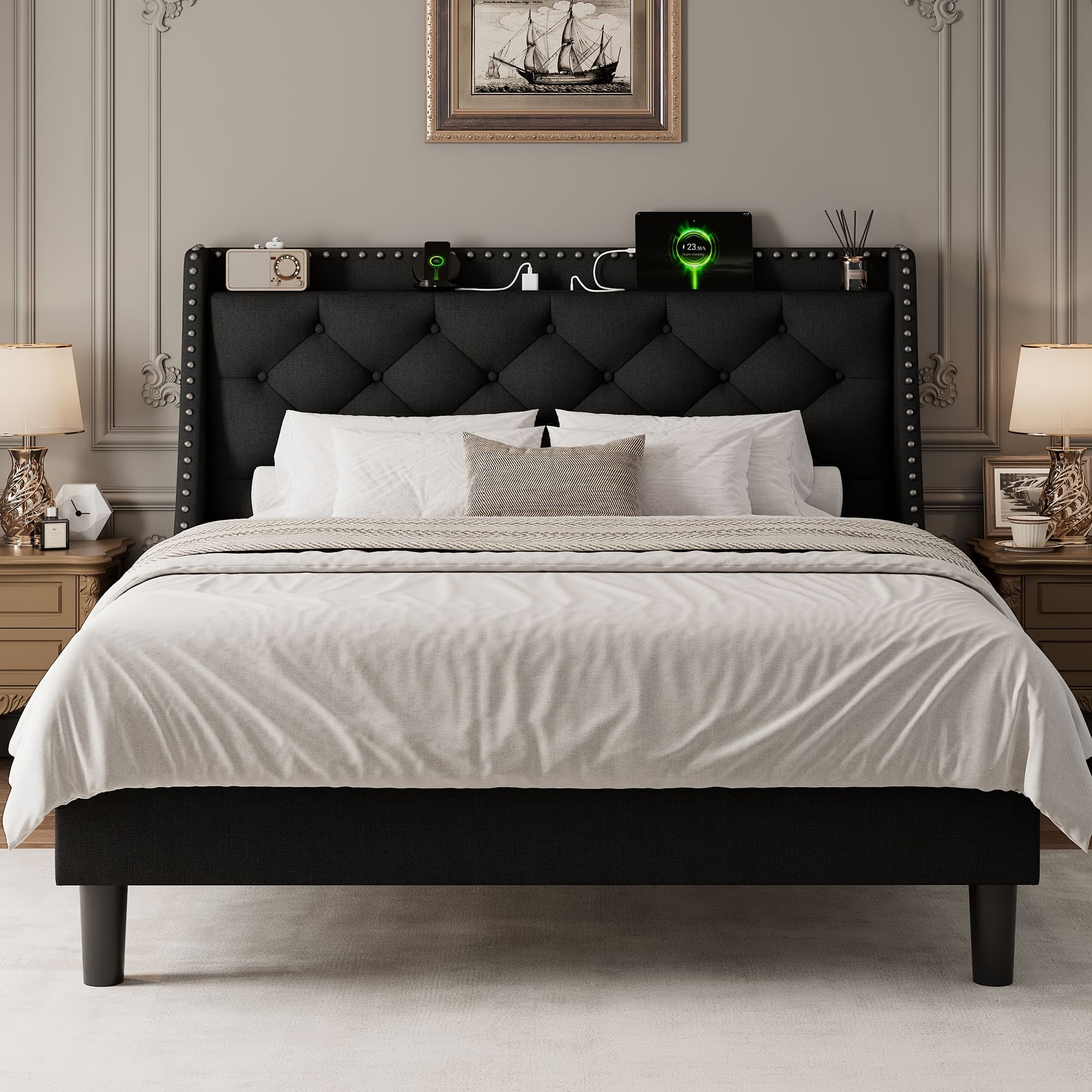 TEMU Bed Frame With 16" Wide Deluxe Wingback & Charging Station, Platform Bed With 8" Underbed Storage, Diamond Armrest Design, Sturdy Hardwood And Metal Supports, Easy Assembly