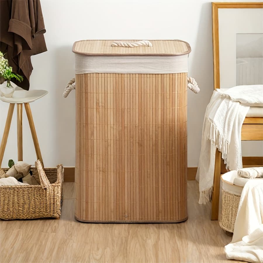 TEMU Bamboo Laundry Hamper With Lid - Space-saving Fabric Storage Basket For Dirty Clothes, Ideal For Home & Balcony Organization, Laundry Baskets