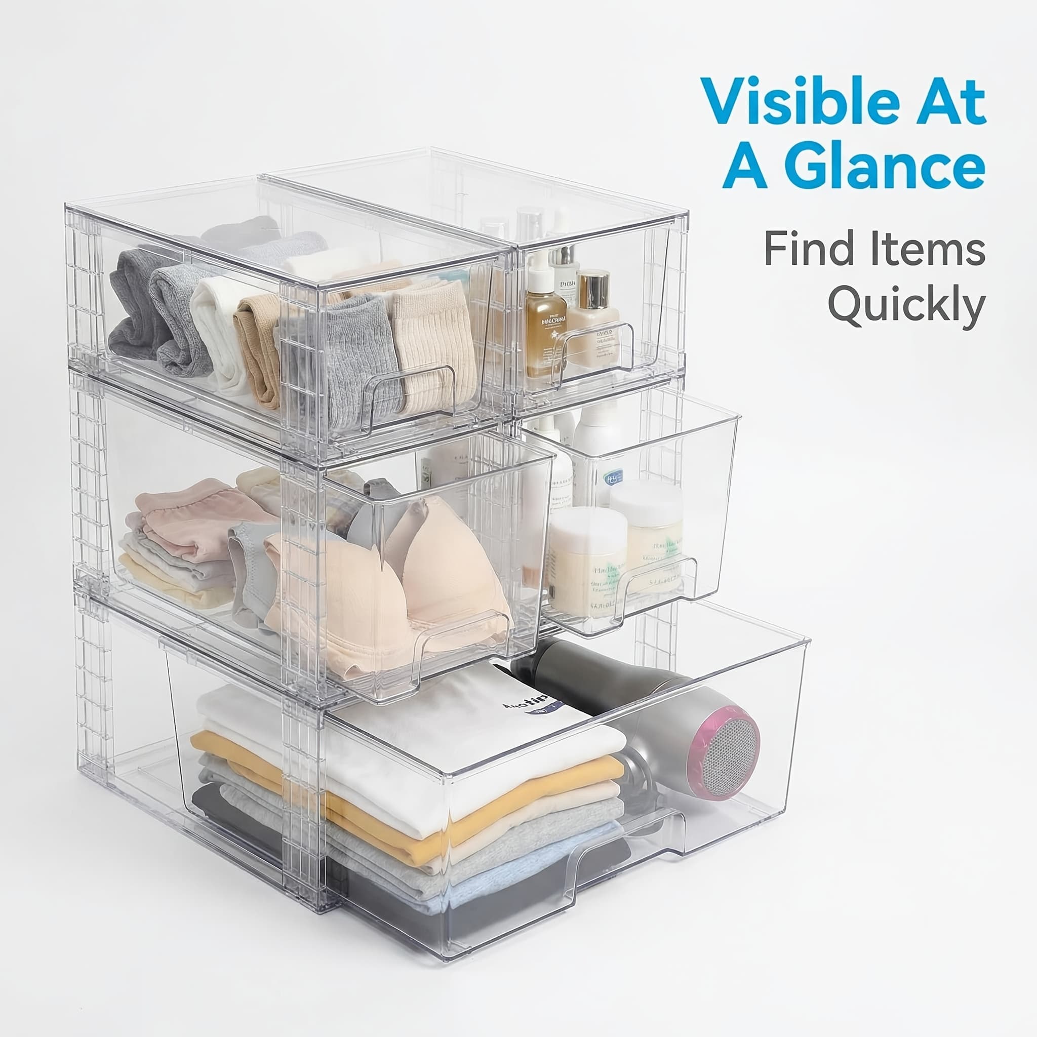 TEMU 5 Packs Stackable Storage Boxes, Assemble Acrylic Bathroom Kitchen Undersink Organizers, Plastic Storage Bins For Closet, Cabinet, Pantry Organization, Storage Cabinet, Supplies