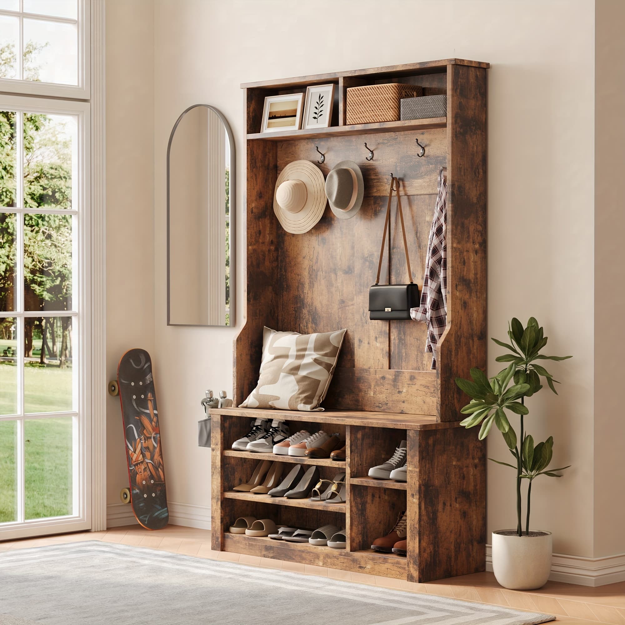 TEMU Asofer Hall Tree With Storage Bench, 3-in-1 Entryway Coat Rack & Shoe Bench, Adjustable Shoe Storage With 2-tier Top Shelf For Hallway Bedroom Entryway, Rustic