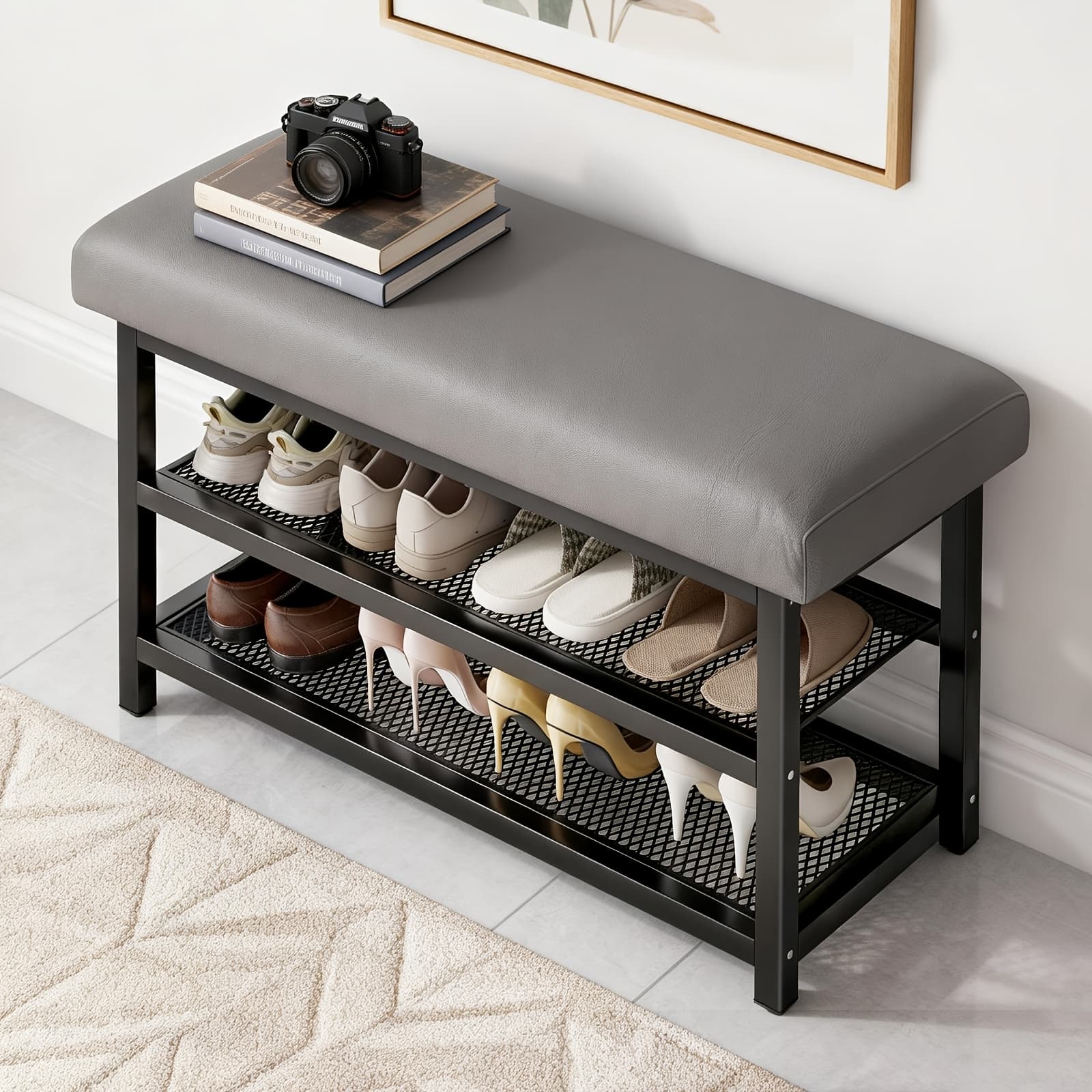 TEMU Storage Bench With Cushion, Padded Entryway Bench With 2-tier Shoe Rack, Metal Shoe Storage Bench For Small Spaces, Entryway, Bedroom Or Closet