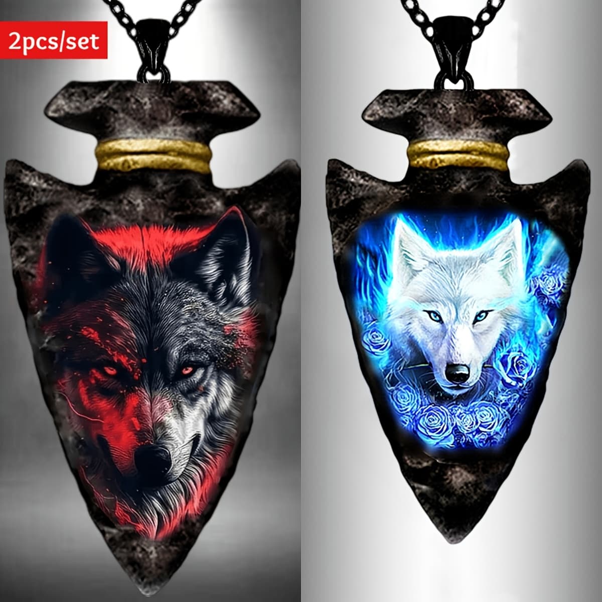 TEMU 2pcs/set Dynamic Black White Wolf Geometric Painted Stickers Pendant Necklace Street Men Fashion Jewelry Accessories