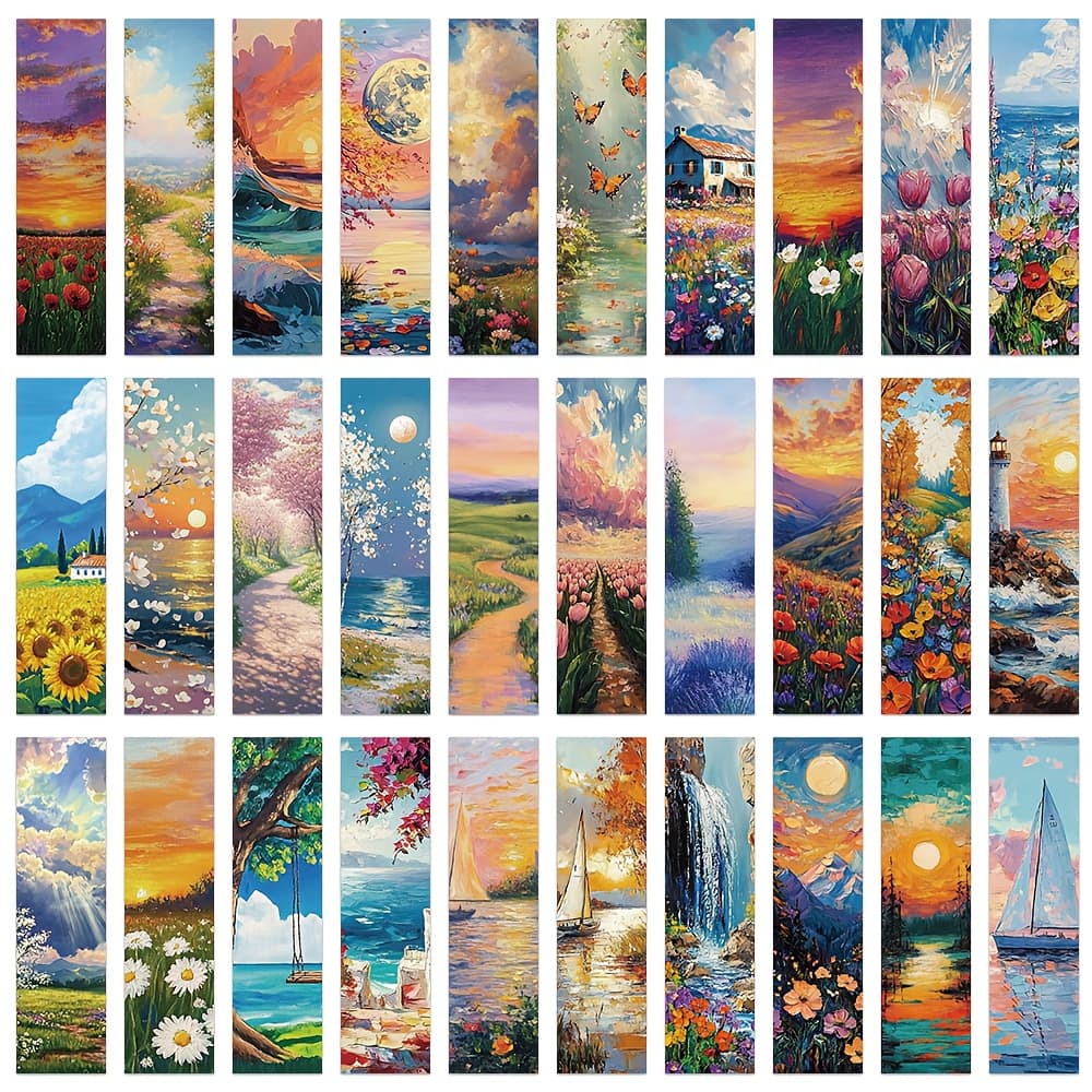 TEMU 30 Romantic Landscape Oil Painting Bookmarks For Students, Multifunctional Paper Cards For Marking Reading Books, Decorative Bookmarks For Book Pages