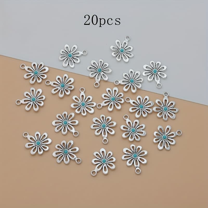 TEMU 20pcs Ancient Silvery Hollow Blue Flower Charms Alloy Blue Flower Pendants Charms For Making Ideal For Bracelets And Necklaces Earrings Crafting Accessories
