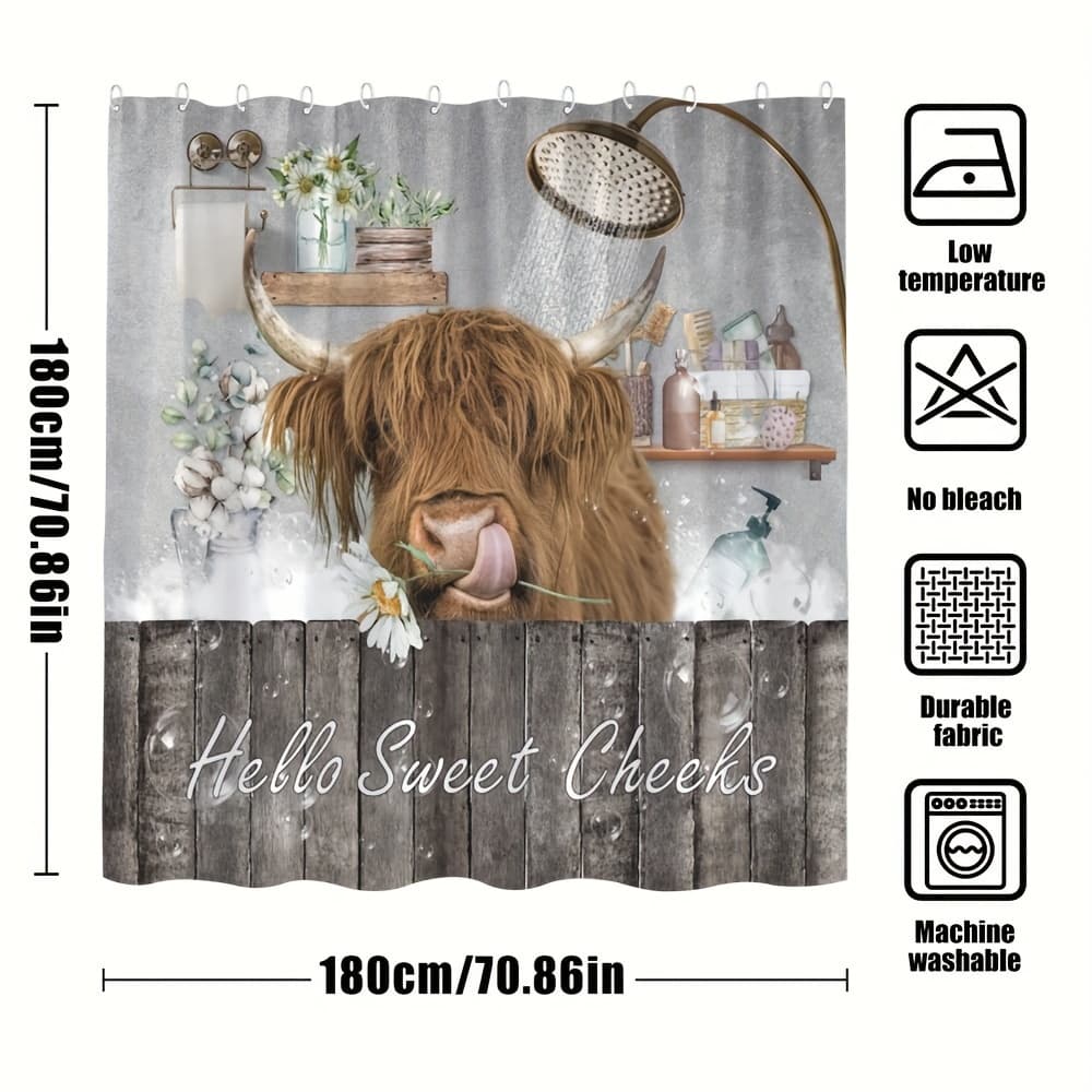 TEMU 1 Highland Cow Shower Curtain, Rustic Animal Farmhouse Wood Plank Country Western Wildlife Botanical Nature Modern Fabric, Includes 12 Hooks
