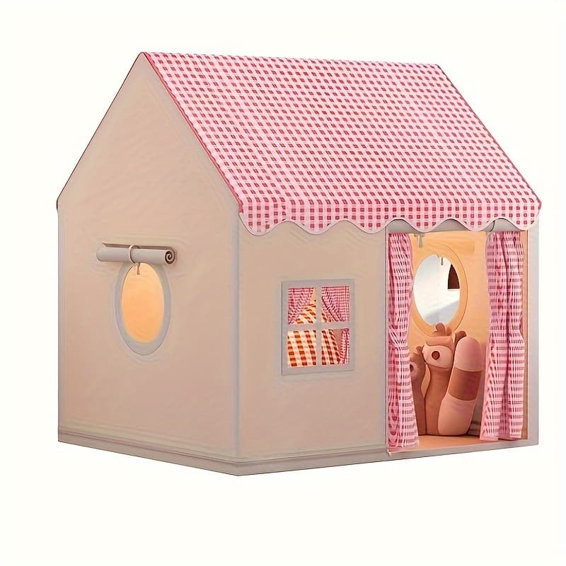 TEMU Pink/khaki 1 Indoor/ Outdoor Tent - Lovely Checked Cabin Style, Polyester, Perfect For Home Decor, Casual Entertainment. Perfect For Holiday Gifts, Holiday Decorations Parties, Design