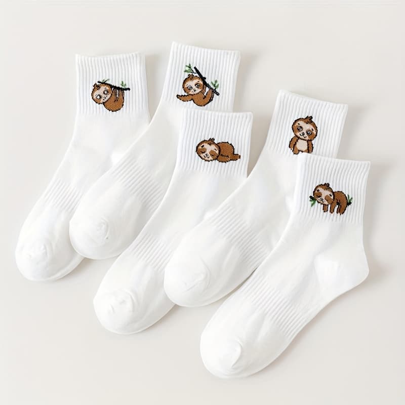 TEMU 5-pair Set Of Cute Sloth-patterned Women's Ankle Socks, Featuring A Unique, Fashionable, Comfortable, Trendy, And Versatile Design