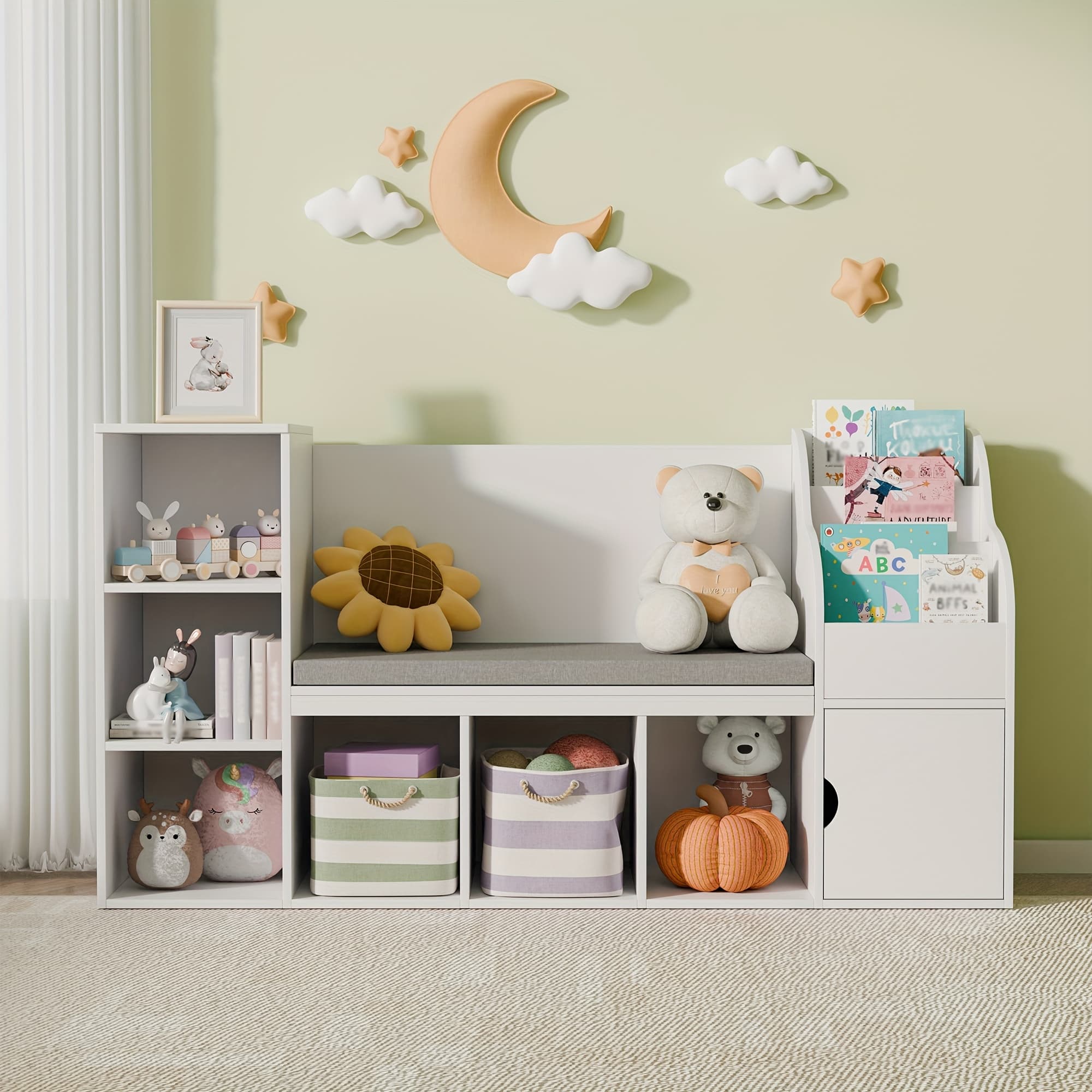TEMU Kids Bookshelf With Reading Nook & Seat Cushion, Cubbies, Bedroom, Playroom, Nursery, White