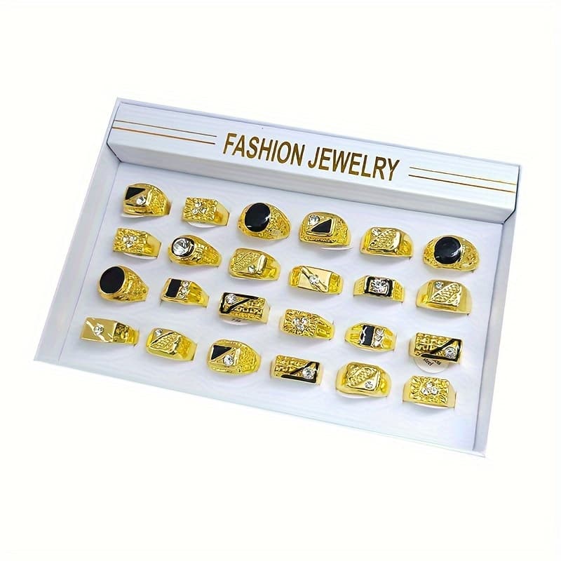 TEMU 24pcs With Box Men Ring Classic Vintage Golden Band Ring Inlaid Rhinestones Success Gentleman Ring Men Wedding Engagement Ring