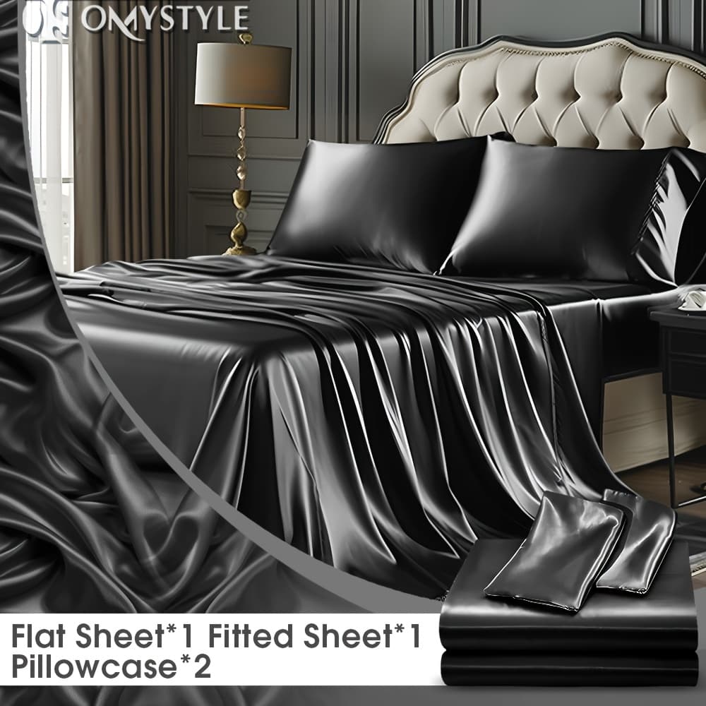 TEMU 4pcs Luxury Satin Bed Sheet Set - Premium Satin Fabric - Silky, Breathable, Cooling, Skin-friendly And Smooth - Gift - All 4pcs Bedding Set For Bedroom Decor