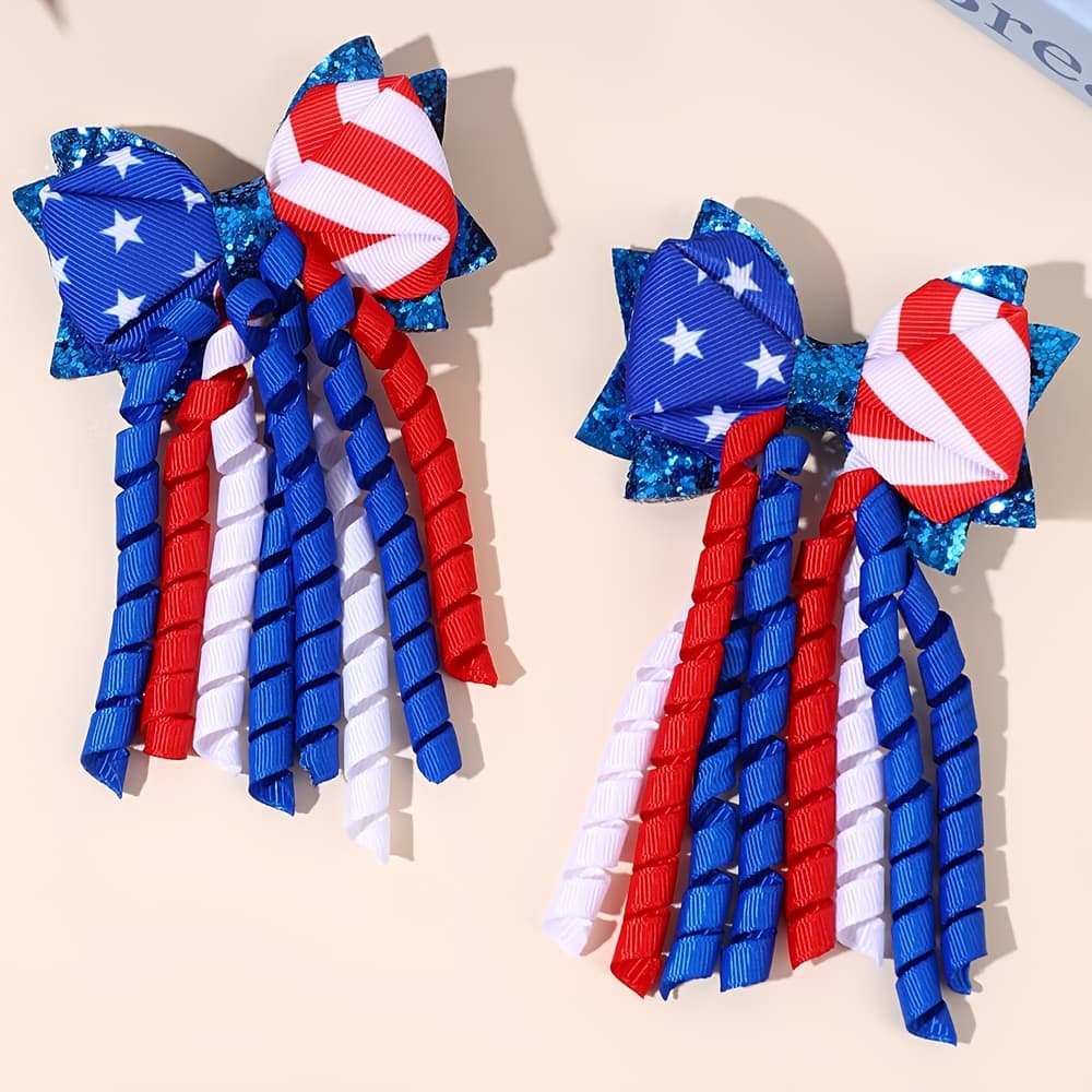 TEMU 2pcs Hair Bow Clips For Sweet America Striped Hair Barrettes Long Curly Tassel Ribbon Hairpins Patriotic Hair Additions For Day Dress Up