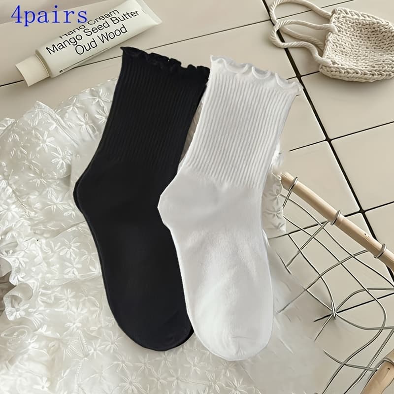 TEMU 4 Pairs Of Women Socks, Fungus Side Socks, Solid Color Lace Tube Socks-all Season Wear, Moisture Absorption, Breathable-suitable For Home, Casual, Running, Sports, Black And White.