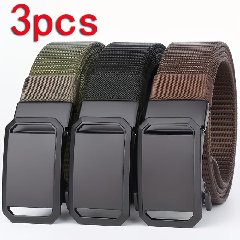 TEMU Set Of 3 Men's Nylon Belts With Automatic Closure - Sturdy Square Ferroalloy - Suitable For Sports, Casual Outdoor Activities, And Everyday Use, Featuring A