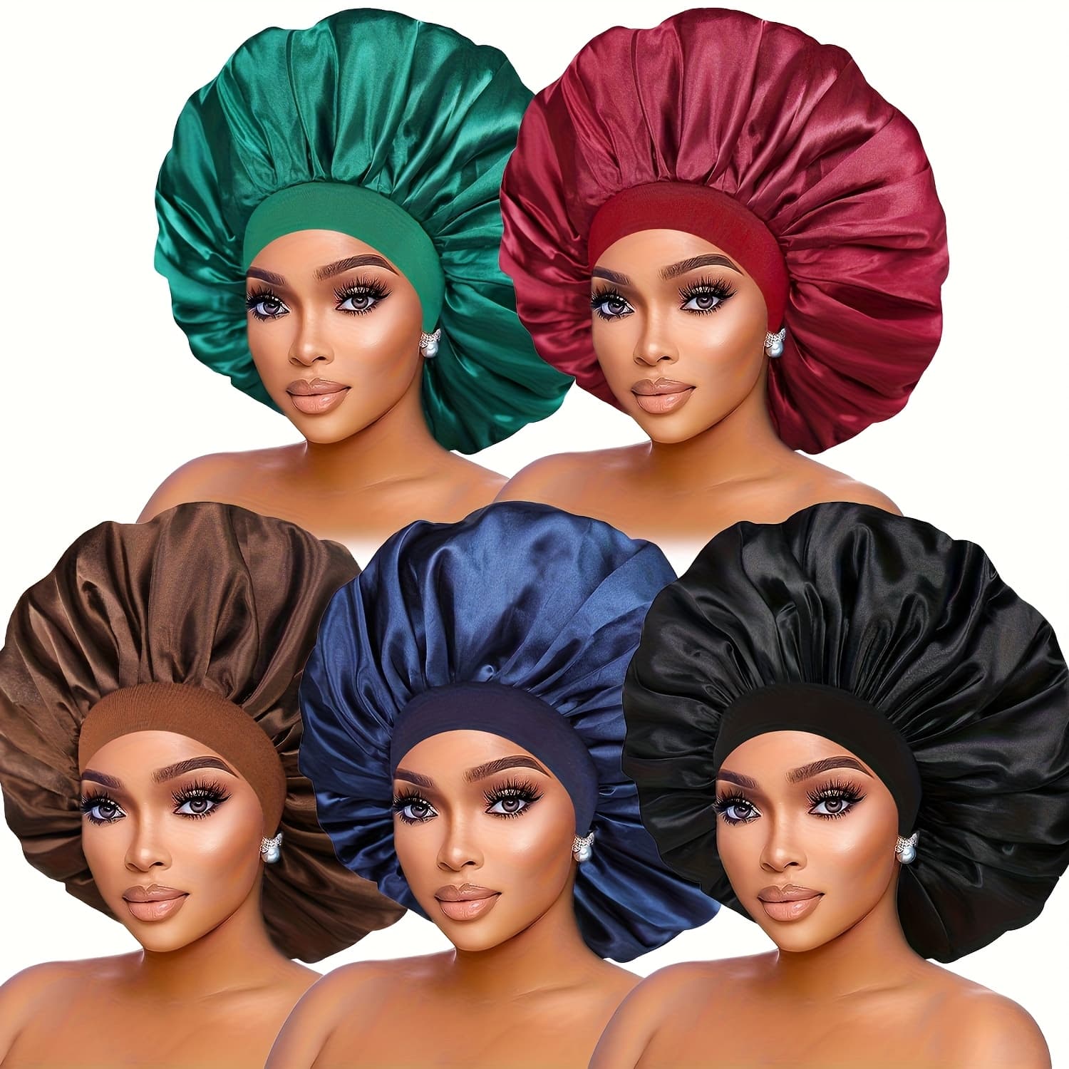 TEMU 5pcs Of Women's Satin Bonnets, Elastic Wide Edge - Stylish And Snug Sleeping , Comfortable And Care