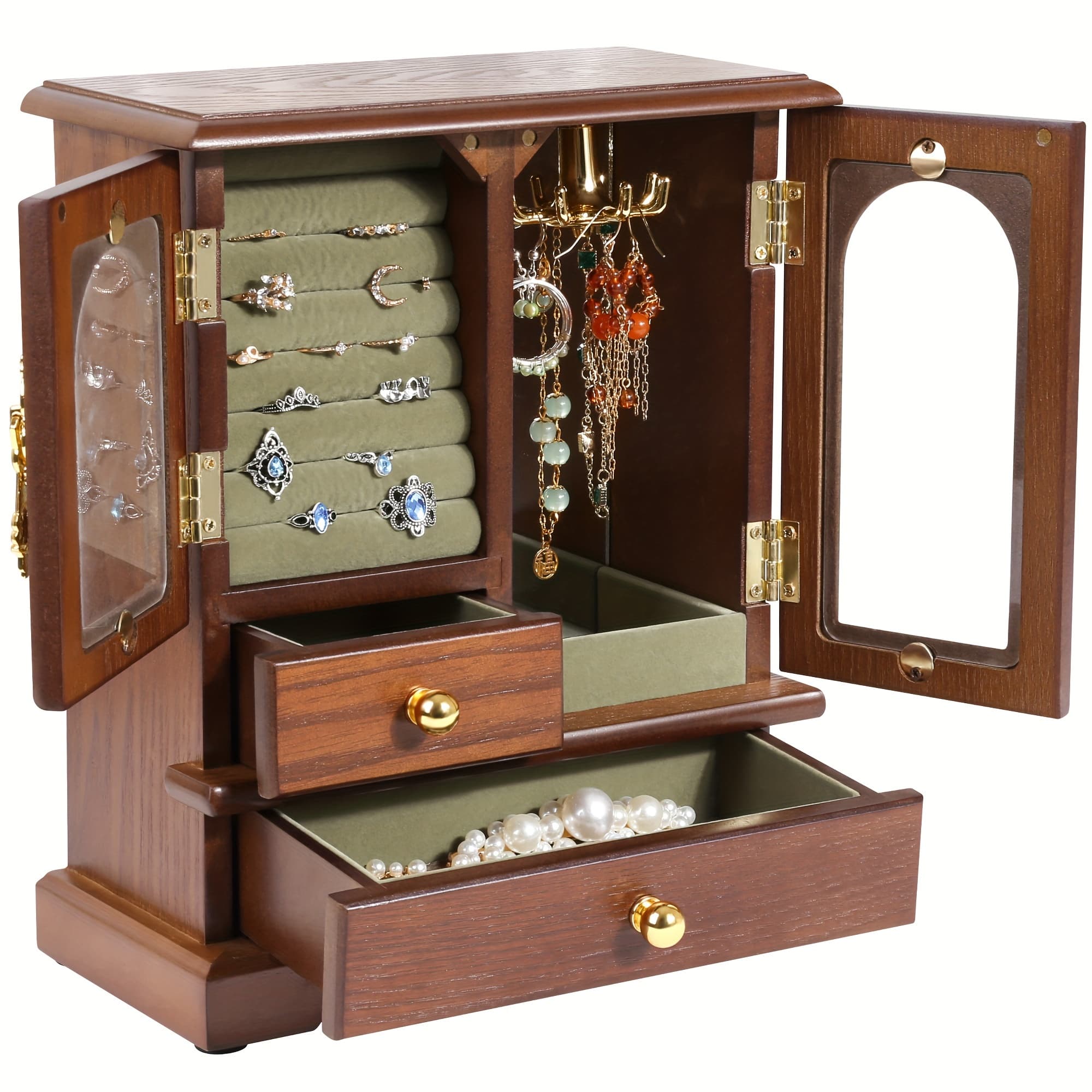 TEMU Elegant Wooden Jewelry Box For Women, Classic Jewelry Organizer With Mirror And 2 Side Doors, Perfect Gift For (brown)
