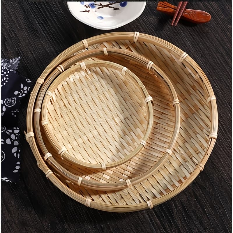 TEMU 3pcs Set Vietnamese Traditional Handmade Round Rattan Wicker Service Basket Tray Food Kitchen Bamboo Fruit Basket Tray With Handle Home Decoration Tray