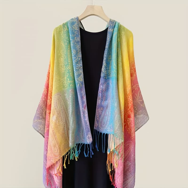 TEMU A Women's Vintage Bohemian Long Scarf With A Gradient Color Tassel Design, Featuring A Large Paisley Pattern. Perfect As A Shawl For Air-conditioned Rooms, For Travel