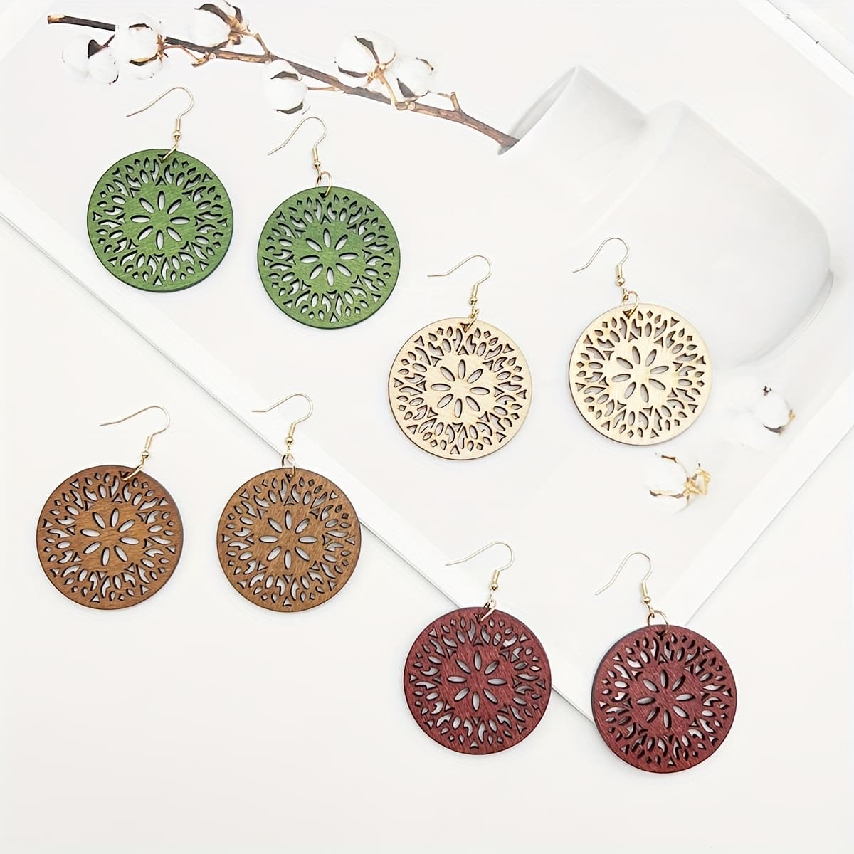 TEMU 4 Pairs/set Easy Retro Bohemian Wooden Earrings, Trendy All-match Hollow Geometric Wooden Pendant Ear Jewelry, Women' Fashion Accessory