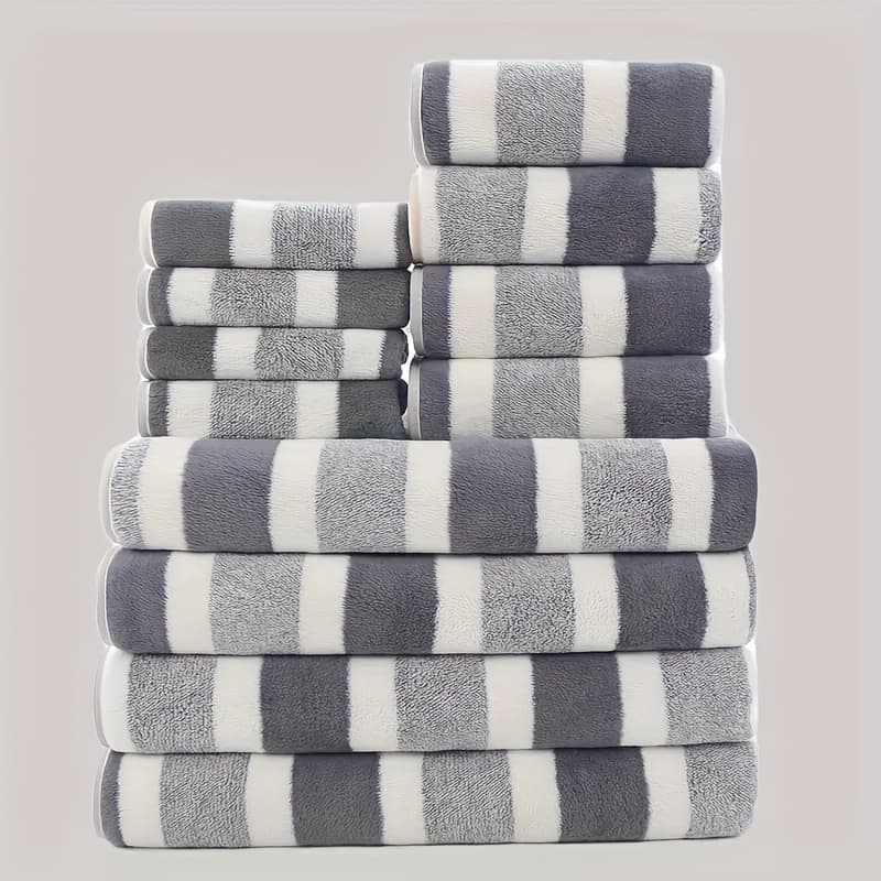 TEMU 12pcs Soft And Thick Striped Towel Set, Quick Drying And Absorbent Ultra- Bath Towels, 4 Bath Towels, 4 Towels, And 4 Hand Towels Are Home Bathrooms And Face Towels