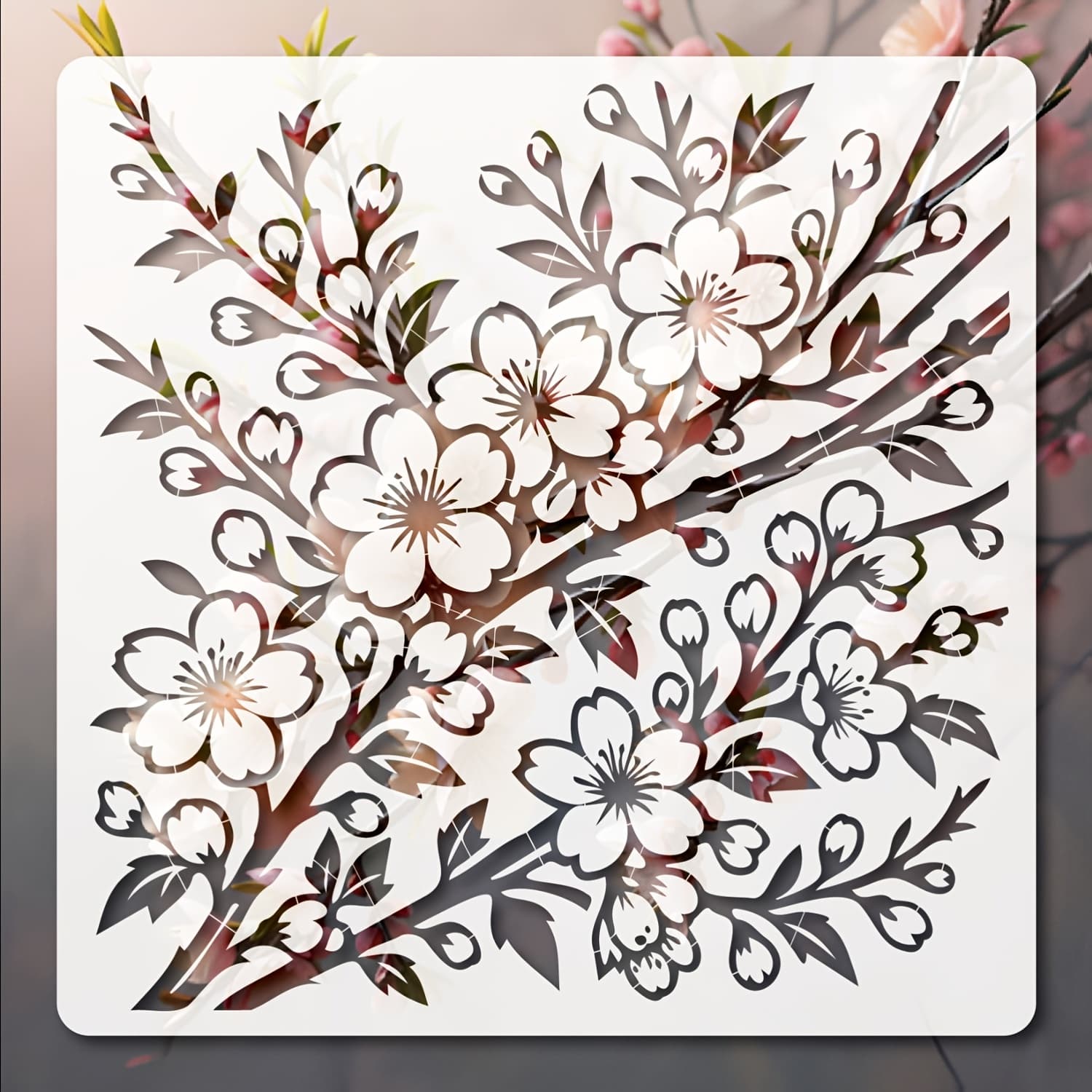 TEMU A Reusable, Washable Floral Stencil Template Featuring Cherry Branches, Measuring 11.8 By 11.8 Inches, Suitable For Decorating Fabrics, Scrapbooks, Glass, Windows, Walls, And Floors