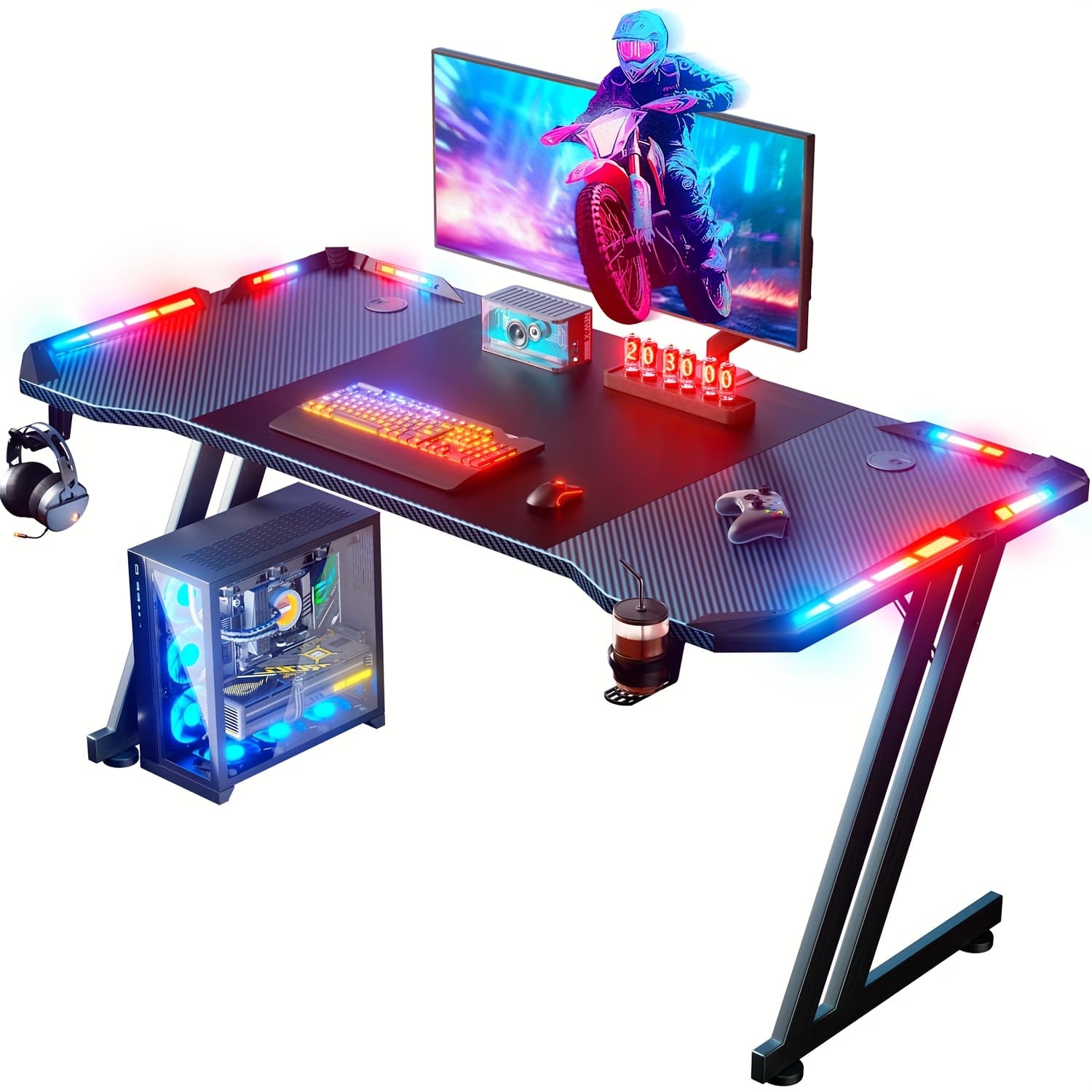 TEMU Home Desk Gaming Desk With Led Lights Carbon Fibre Surface Gaming Table Large Computer Desk Office Desks Z Shaped With Headphone Hook & Cup Holder