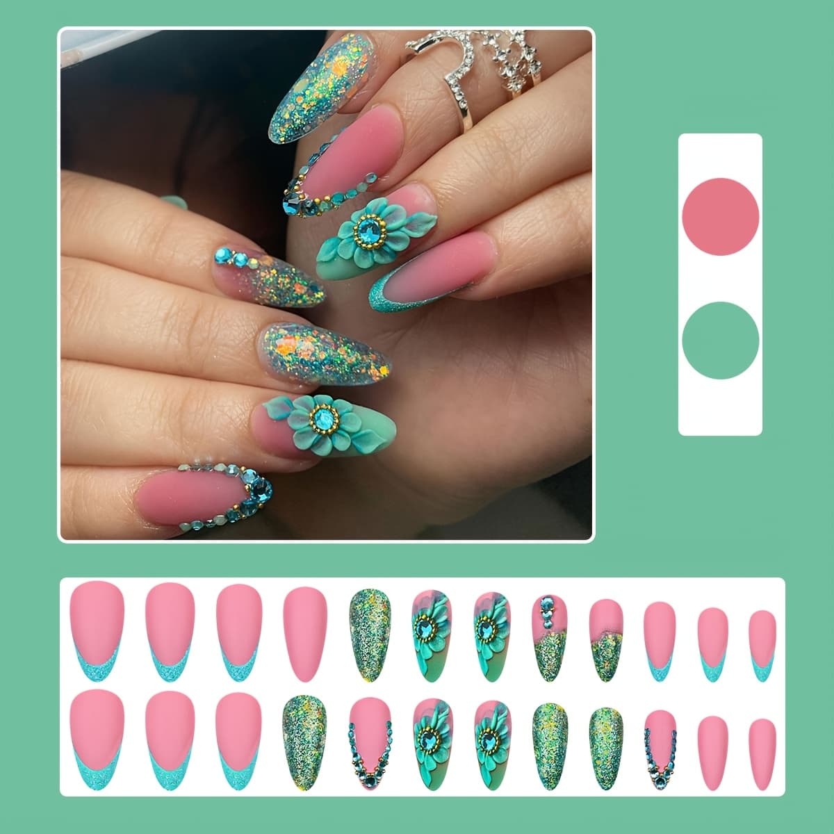 TEMU 24pcs Almond Nail Mint Flower Glitter Pink Fake Nails