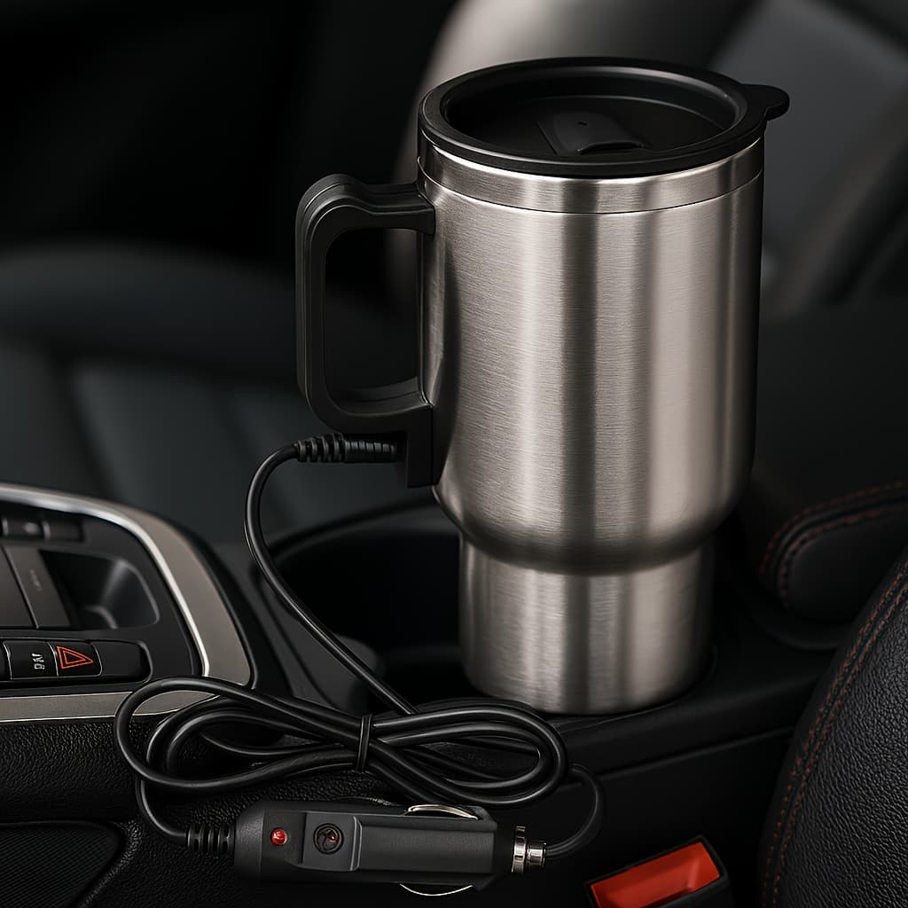 TEMU 450ml Stainless Heating Mug Set, 65°c Insulated Travel Cup For Car, 12v Powered Heated Coffee Tea Mug, Leakproof Vacuum Design With Cleaning Brush