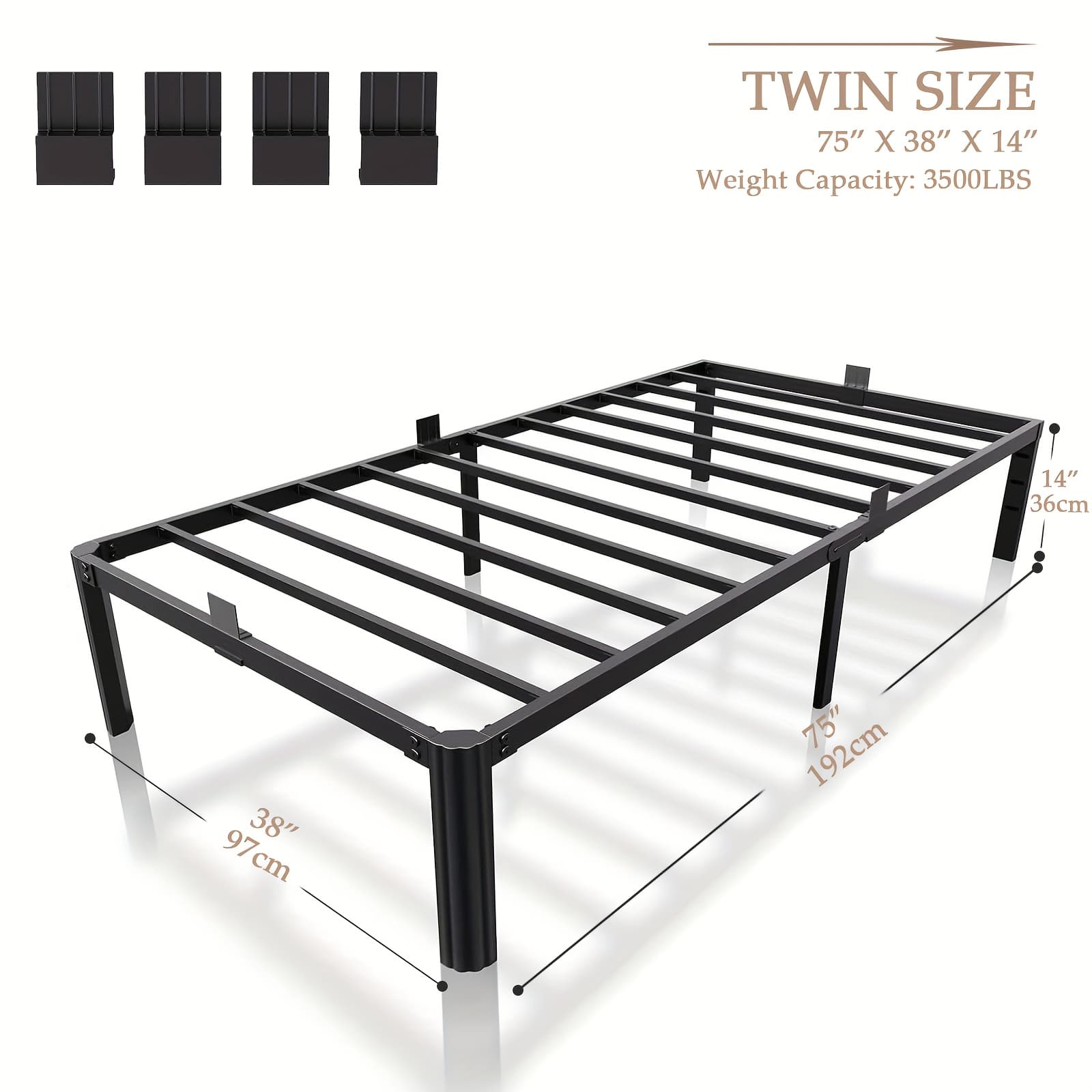 TEMU Single Bed 14 Inch Metal Platform Bed Frame No Spring Box Required With Heavy Duty Support Slats, 4 Limiting Card Slots, Upgraded Thickened Fan-shaped Round Legs Design, Easy To Assemble, Black