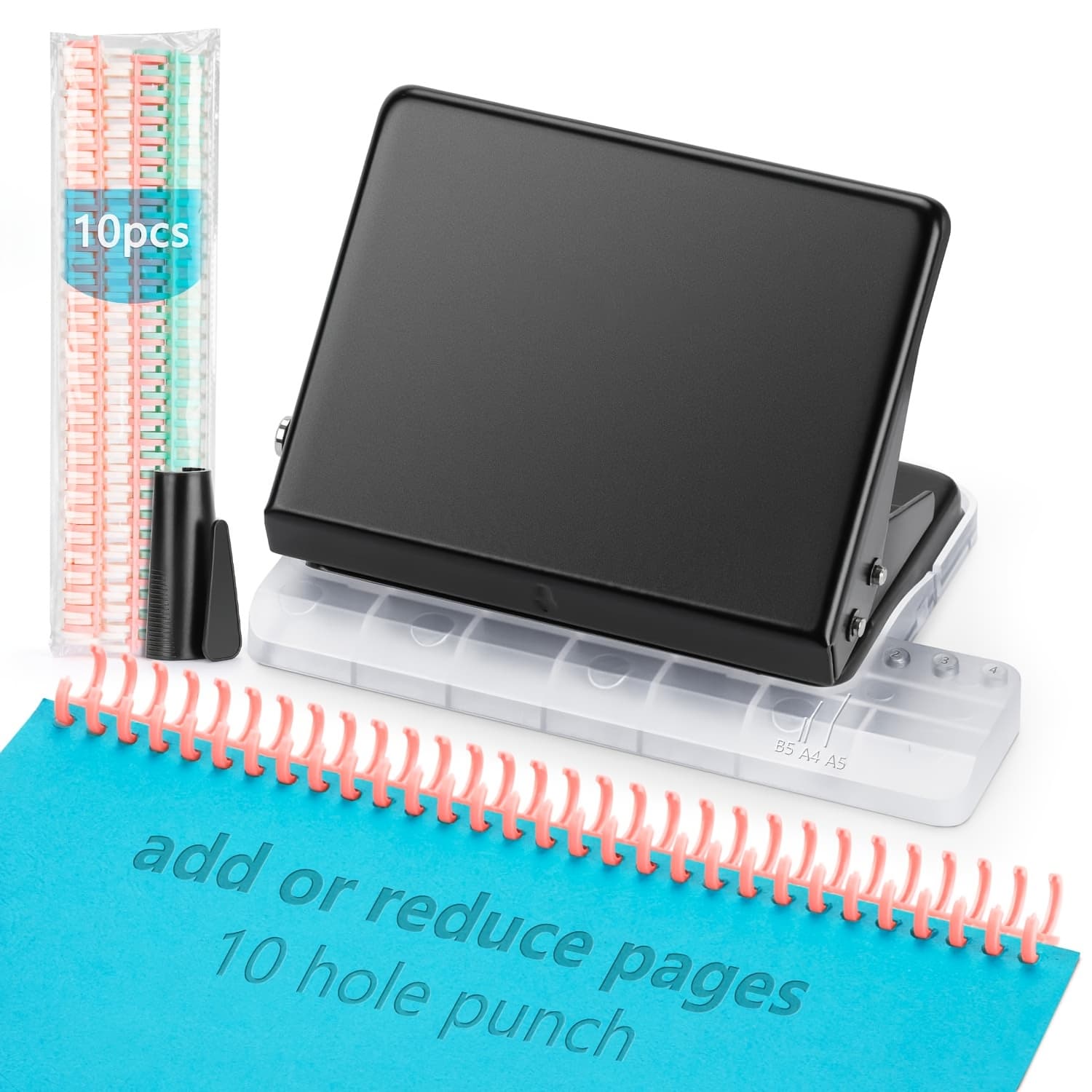 TEMU Binding Machine For Planner: Worklion Metal 10 Hole Punch And 30 Hole Loose Leaf Binder Rings (10pcs) For Making 26 Holes On B5 Paper, 30 Holes On A4, 20 Holes On A5 Book, Black