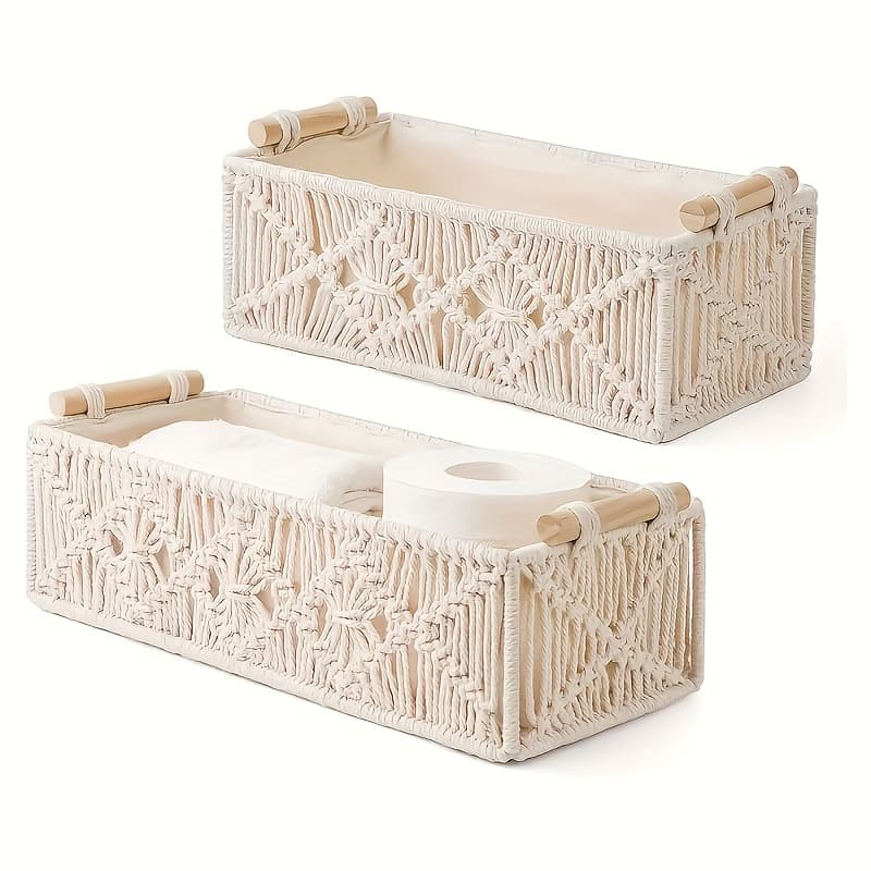 TEMU 2/4pcs Bohemian Hand-woven Storage Basket In Textile Material With Grid Design Desktop Organization Box For Home And Office