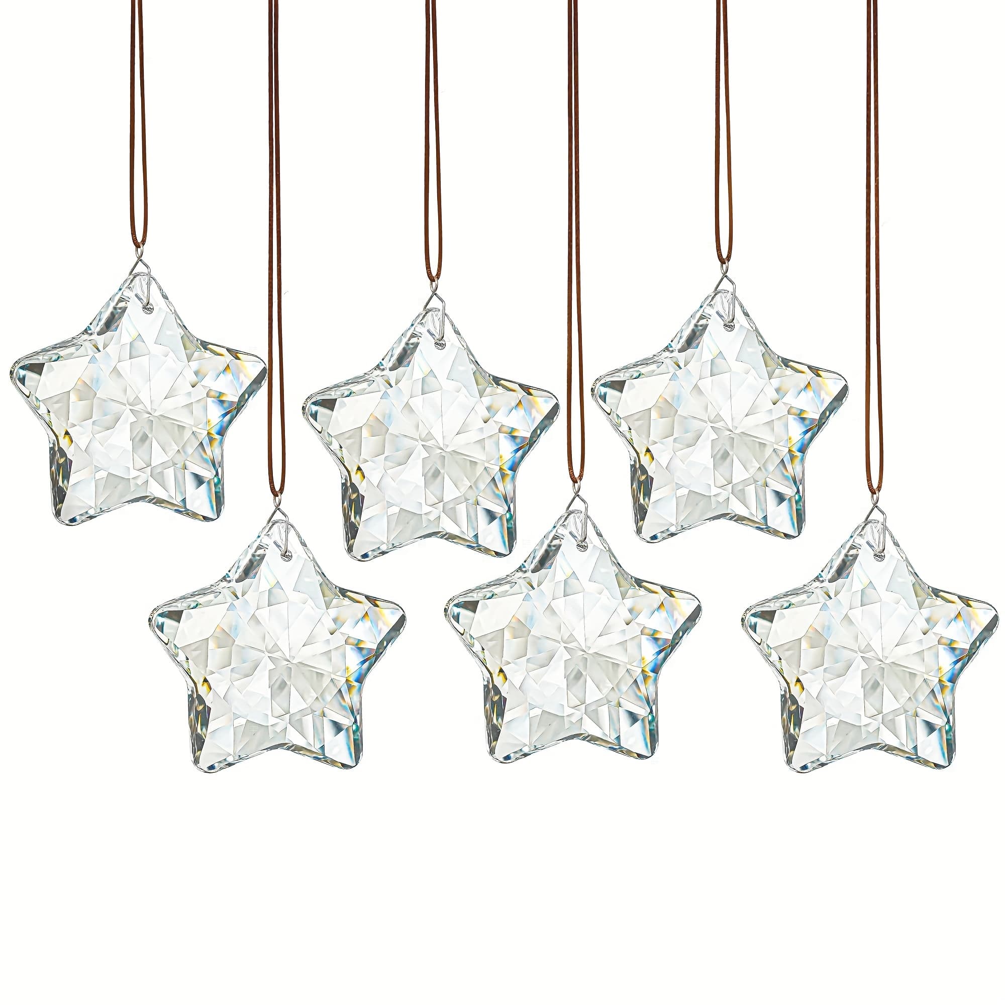 TEMU 6pcs Set Of Crystal Suncatchers - Transparent Cut Glass Christmas Tree Ornaments, Star Pendants For Winter New Year Parties, Festive Holiday Decorations