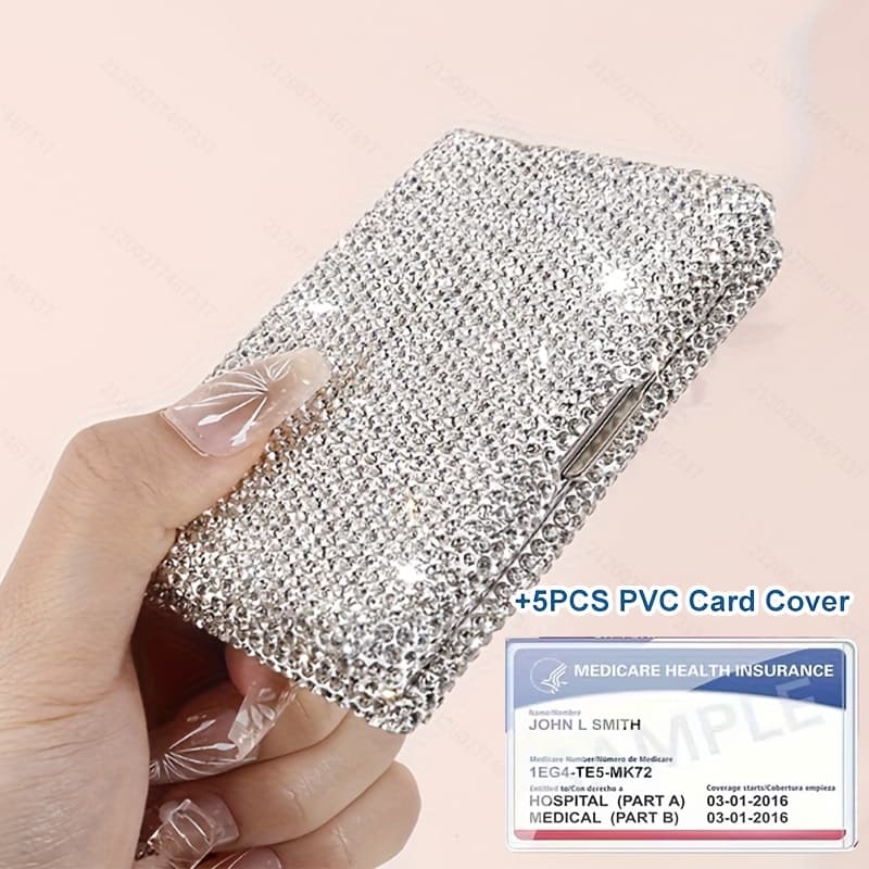 TEMU Anti Theft Diamond Inlaid Aluminum Alloy Card Box, High-value Shiny Business Card Box With Artificial Diamonds, Women's Anti Magnetic Portable Compact Card Box