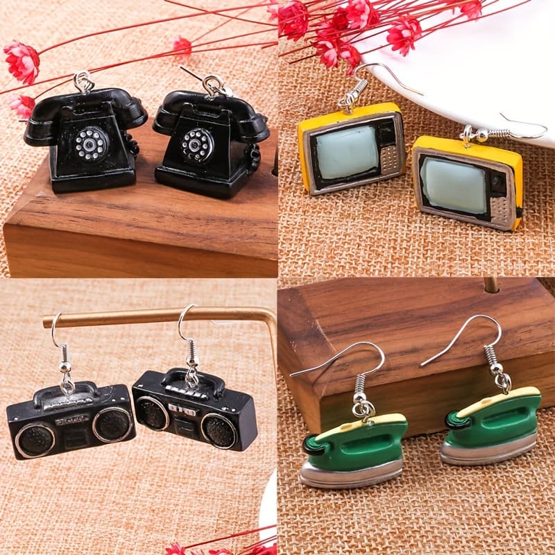 TEMU 4 Pairs Retro Creative Dangle Earrings - Polyresin Telephone, Tv, , Stainless Steel Post, Cute Female Earrings.