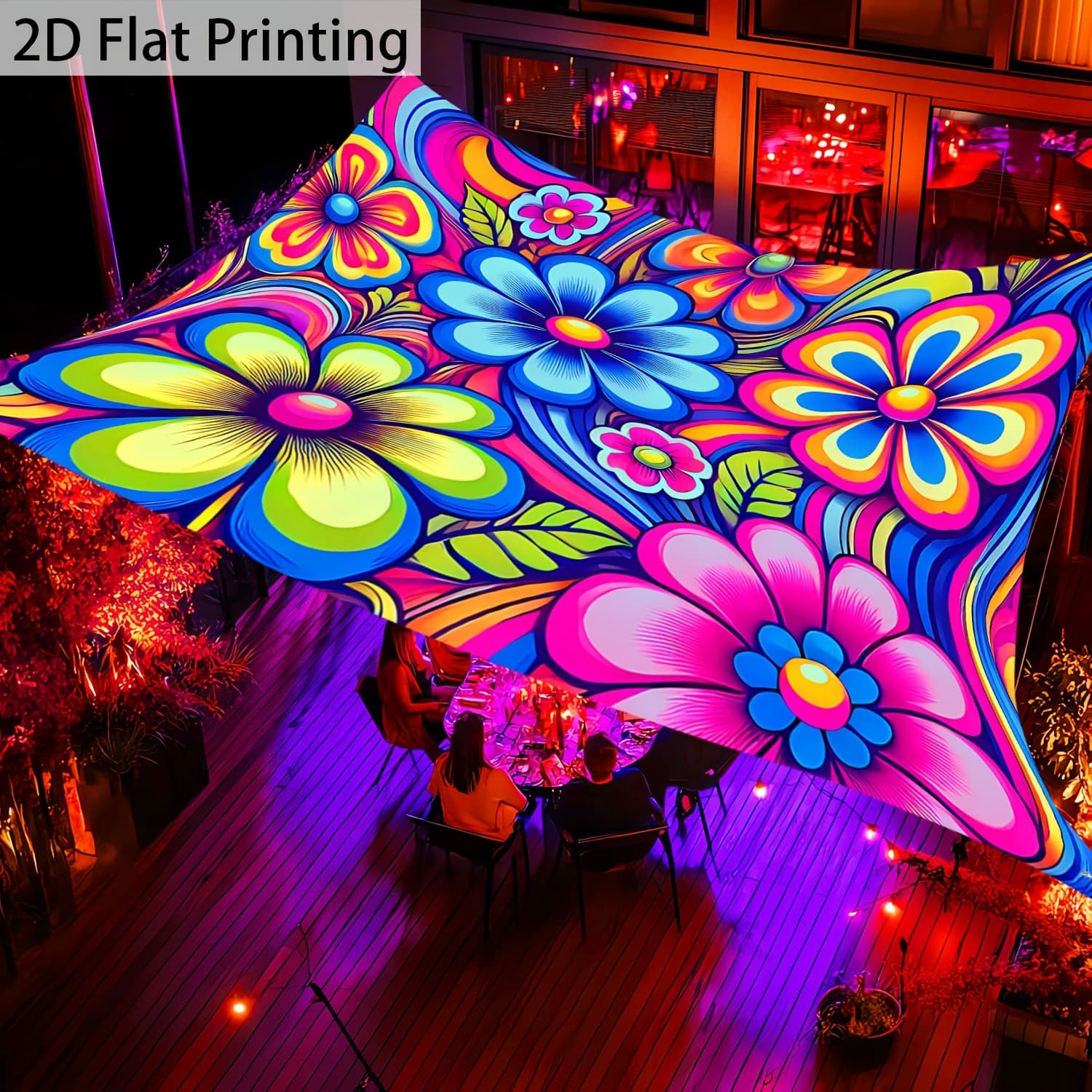 TEMU [2d Flat Printing] 1pc Qd- Glow In The Uv Light-flower Sunshade Canopy - Sunshade Canopy, Lightweight Polyester For Beach, Camping, Garden, Picnics - Outdoor Adventure Shade (poles Not Included)
