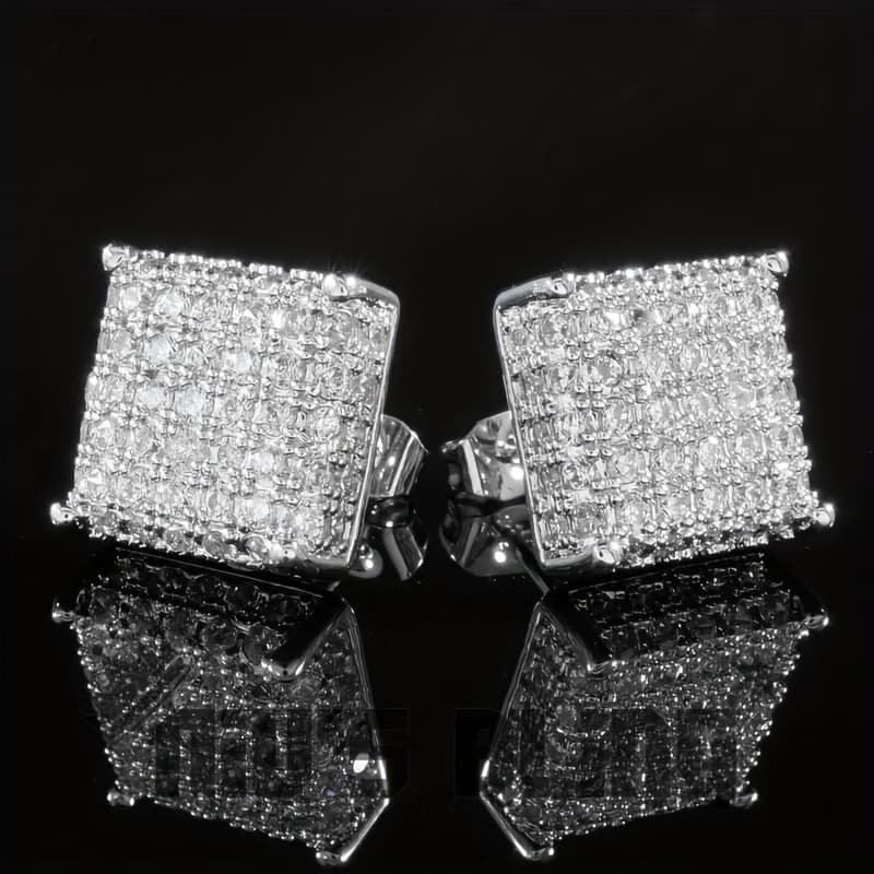 TEMU Trendy Silvery Out Iced Aaa Synthetic Zirconia Square Hip Hop Stud Earrings