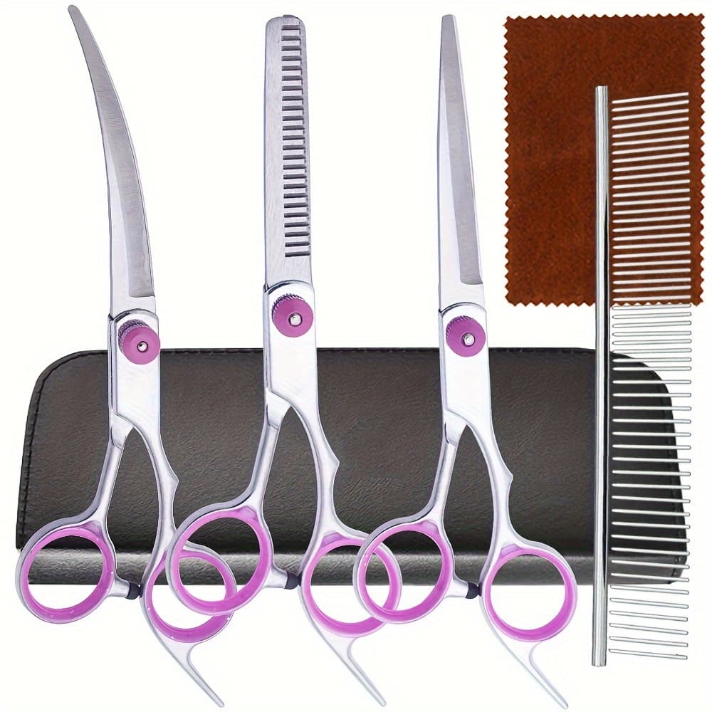 TEMU Professional Scissor Set With Curved Scissors And Comb | Stainless Steel, Universal Hand Orientation, 6.5 Inch Blade Length, Pet Hair Trimming Kit For Dogs And Cats