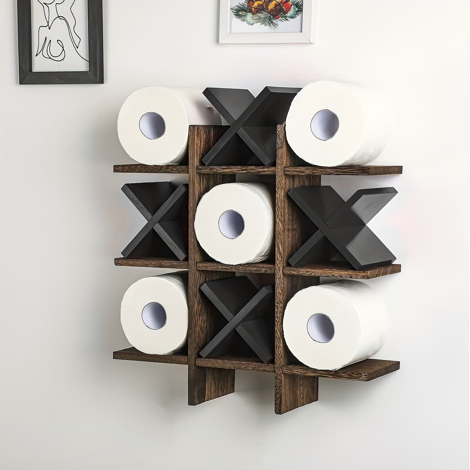 TEMU Tic Tac Toe Toilet Paper Holder Stand Toilet Paper Storage Bathroom Decor Rustic Wooden Hanging Storage Freestanding Wall Mounted Shelves Decor For Toilet Tissue Farmhouse (brown, Black)