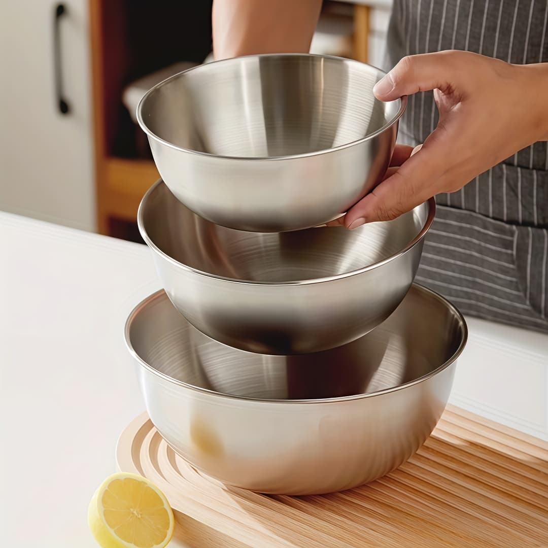 TEMU 3pcs Stainless Steel Cooking Mixing Bowls For Baking, Home Use, Thickening, Mixing, And . Suitable For Mixing, Salad Preparation, And Baking