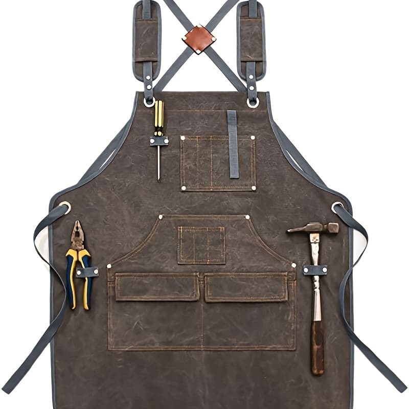 TEMU Durable Cotton Canvas Apron With Multiple Pockets For Woodworking, Electrician, And Gardening - Adjustable Brown Leather Straps & Metal Buckles For