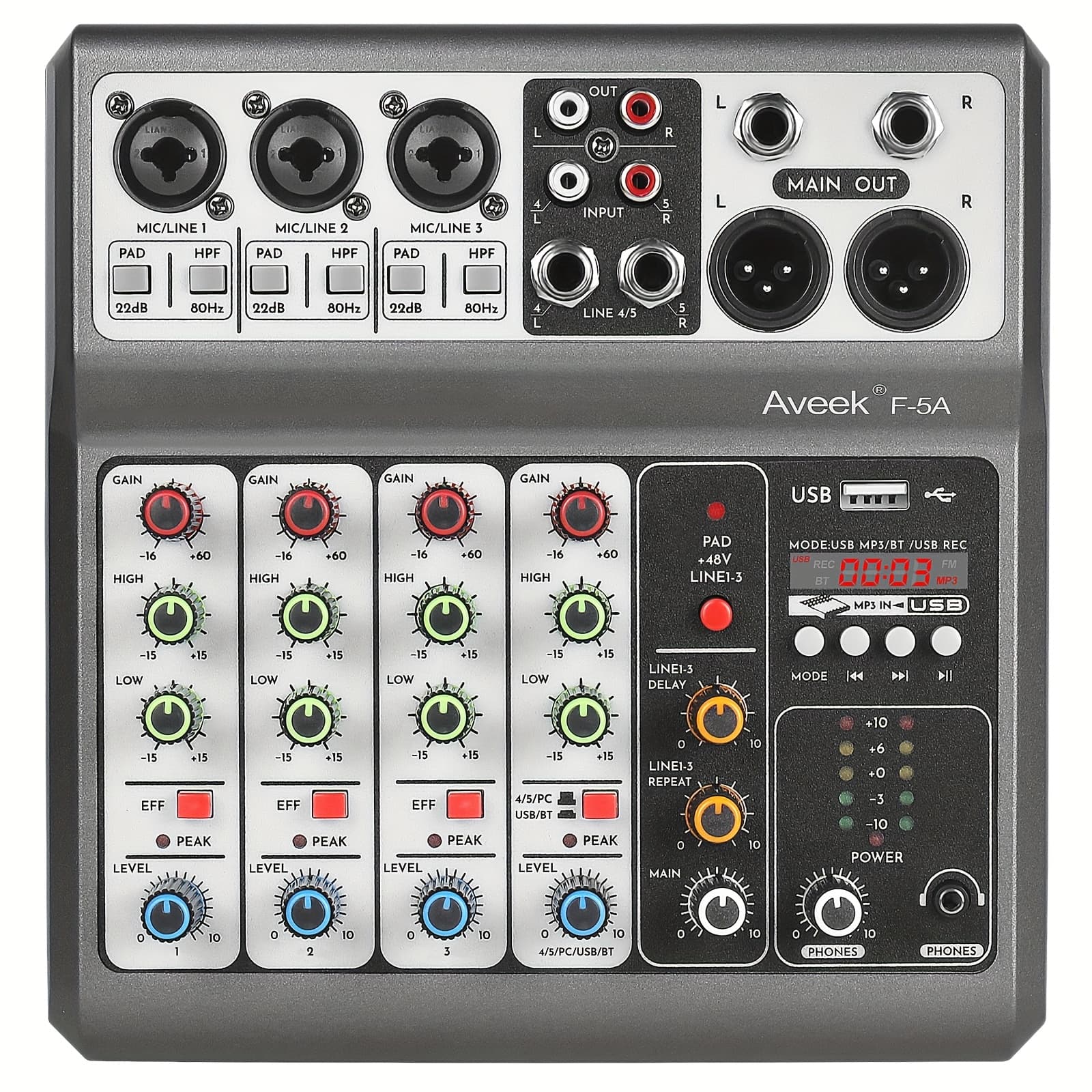 TEMU Aveek Professional Audio Mixer, Audio Mixing Console, Usb Delay Effect With 5-channel Audio Interface, Power Input Stereo Dj Mixer For Recording, Live Broadcasting And .