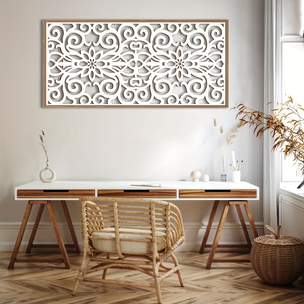 TEMU Boho Mandala Wood Wall Art | Hand-carved Floral Zen Sculpture | 16"x32" Framed Decor For Living Room, Bedroom & Office | Housewarming Gift