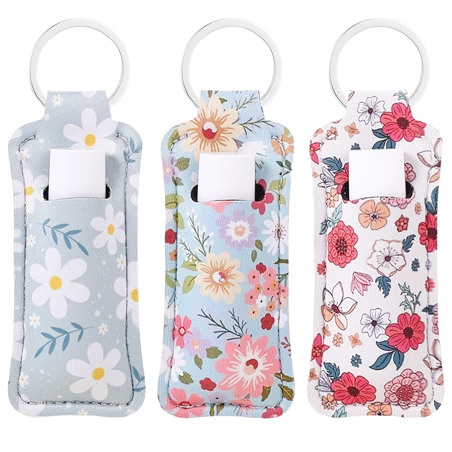 TEMU Set Of 3 Floral-themed Neoprene Lip Balm Holders And Keychains, Elastic Lipstick Pouch, Travel Accessory Bag, Car Key Decoration, Portable Pocket Lip Gloss Case, For Men And Women