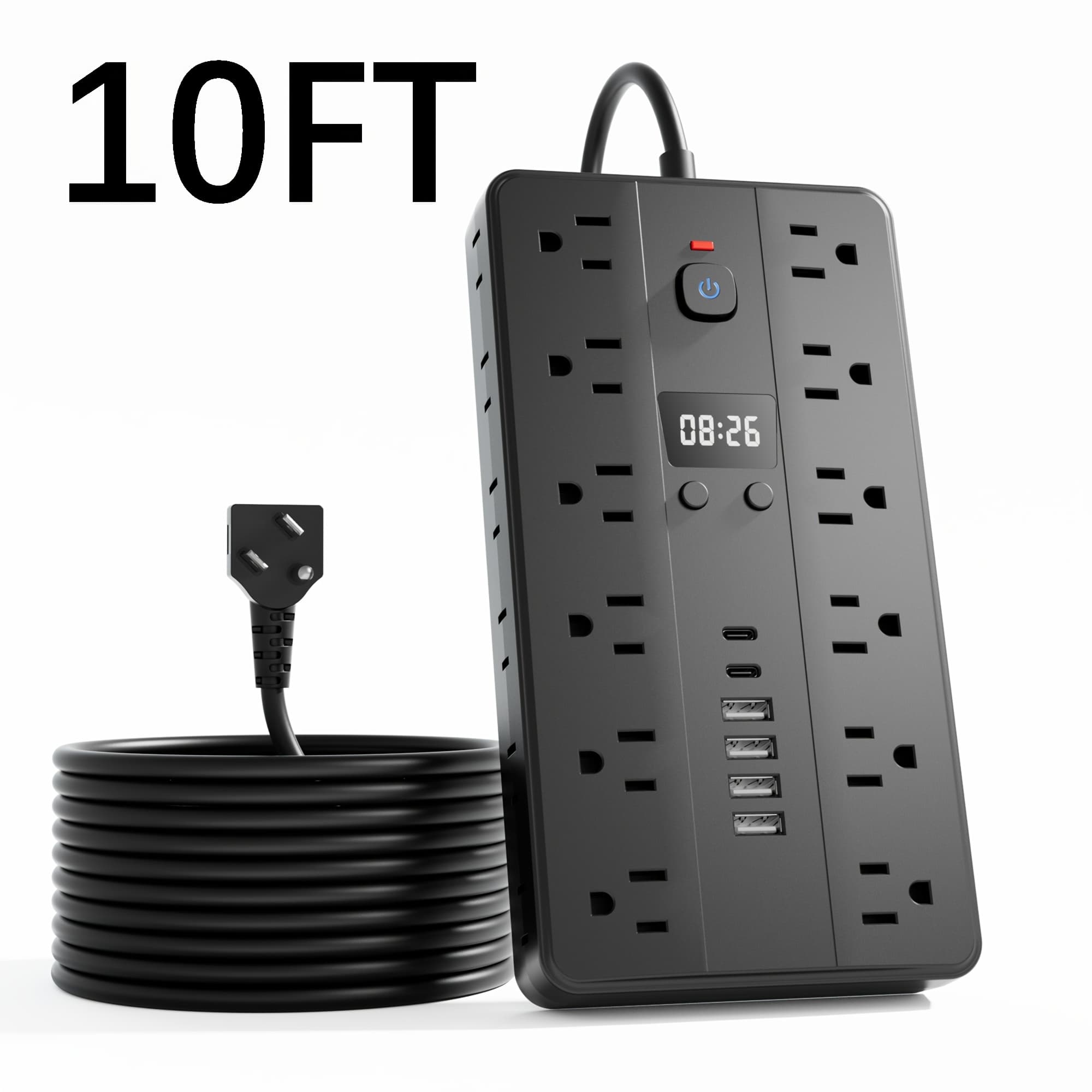 TEMU 1pc Strip With 24/16 Ac Outlets, 4 Usb-a Ports, 2 Usb-c Ports, 5ft/10ft Extension Cord, Flat Plug, Wall Mount, Protection, Power Outlet Protector - Ideal For Home And Office Desktop Charging
