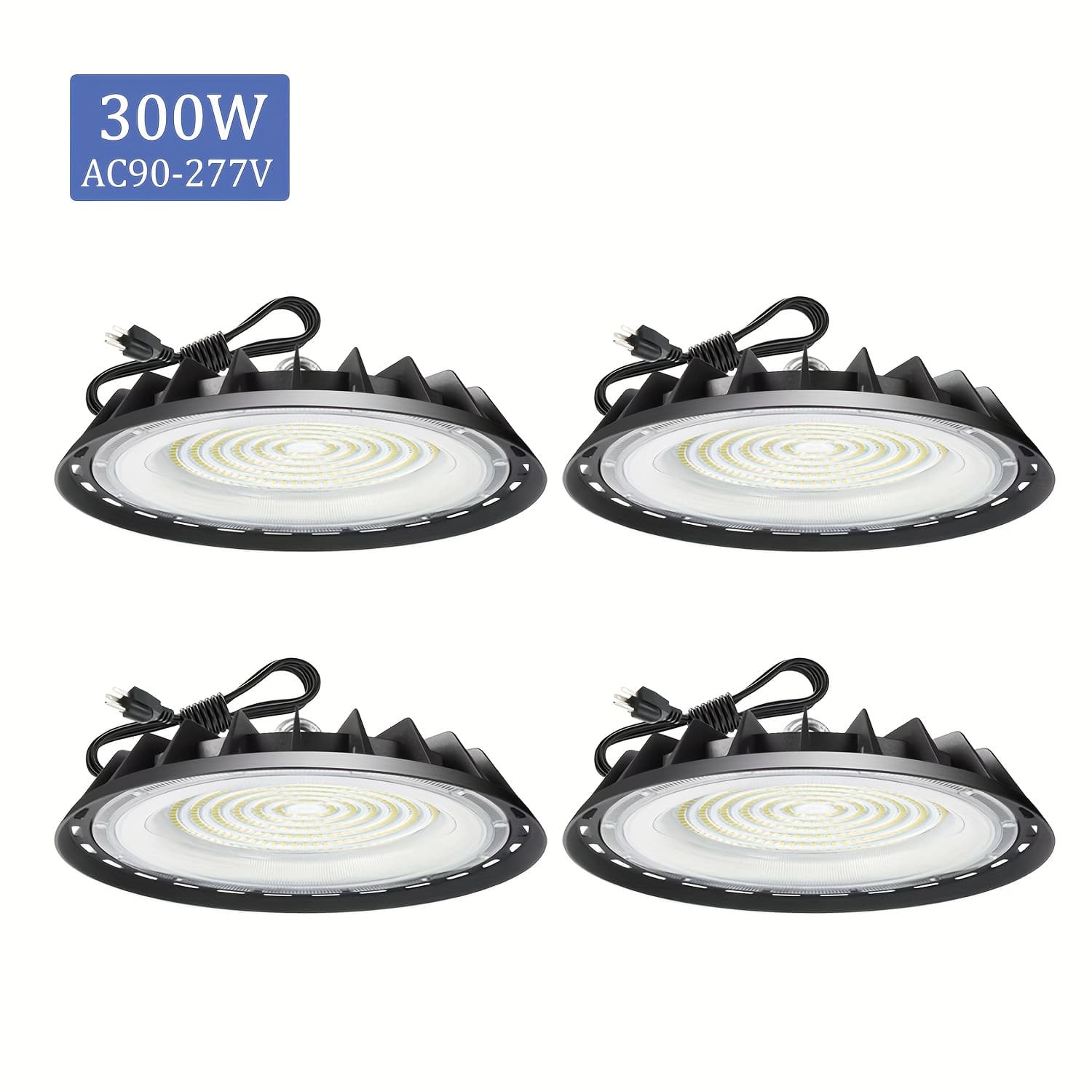 TEMU 4pack 300w Led Ufo High , 90-277v, Cold White 6000k, With 4ft 120cm Us Plug, Led Commercial Lighting Fixtures, Ip65, For Workshop Gym Barn Warehouse Factory