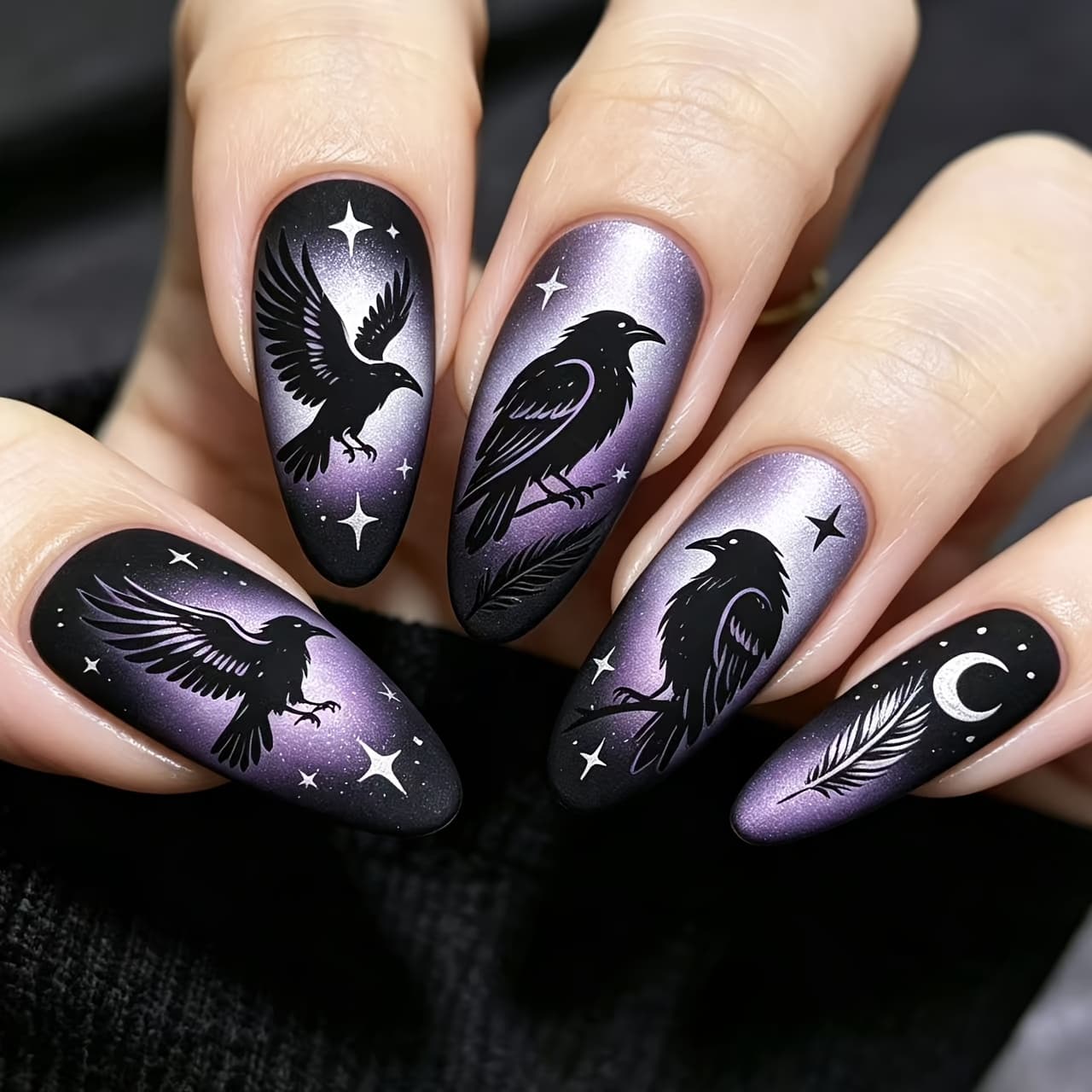 TEMU Dark Gothic Crow Nail Art, Purple-black Gradient With Stars, Moon, And Feather Patterns, 24pcs Almond-shaped Nail Tips