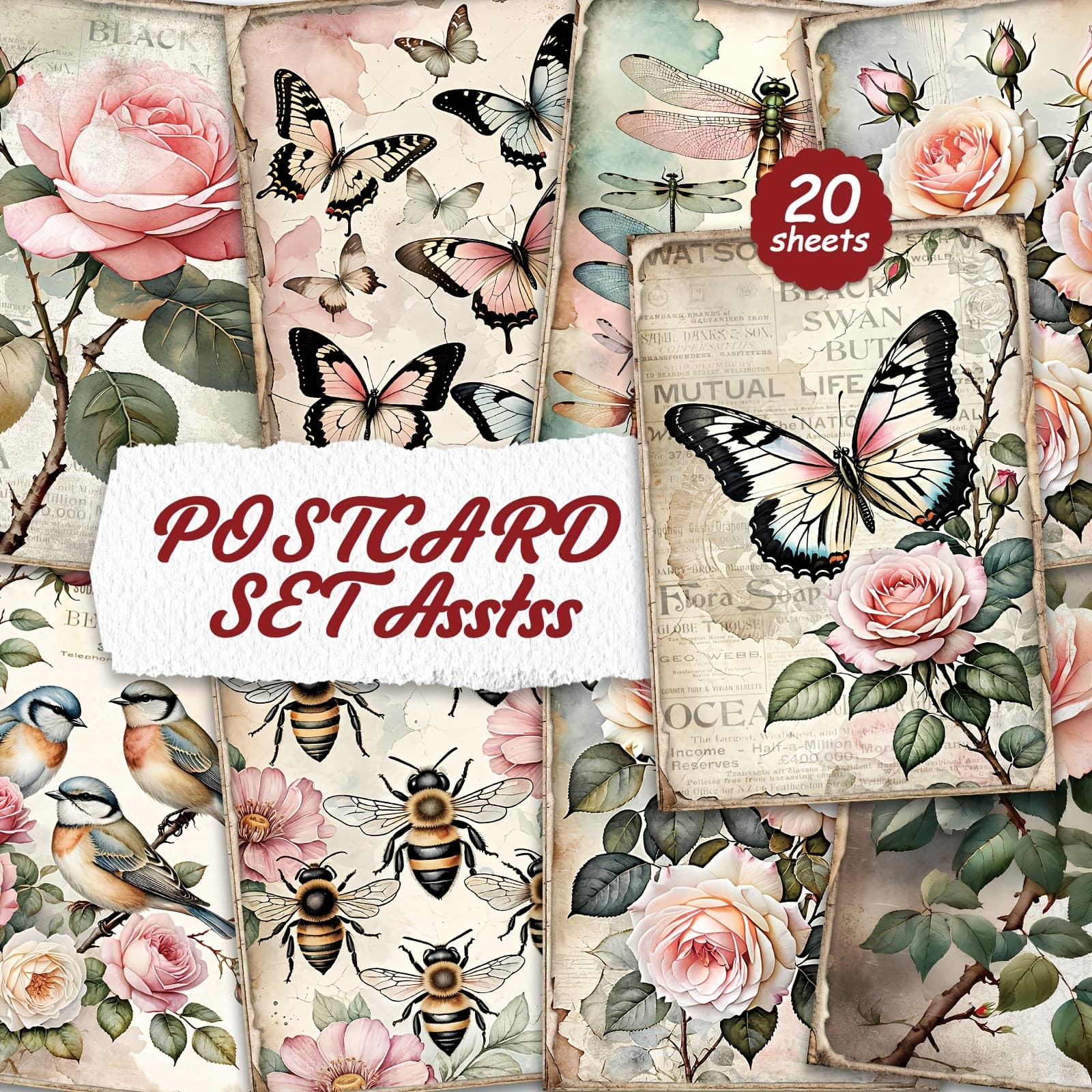 TEMU 20pcs Rose Bird Style Postcard Set For Cardboard Writing, , English , Trash Diary, Crafts, Greeting Cards.